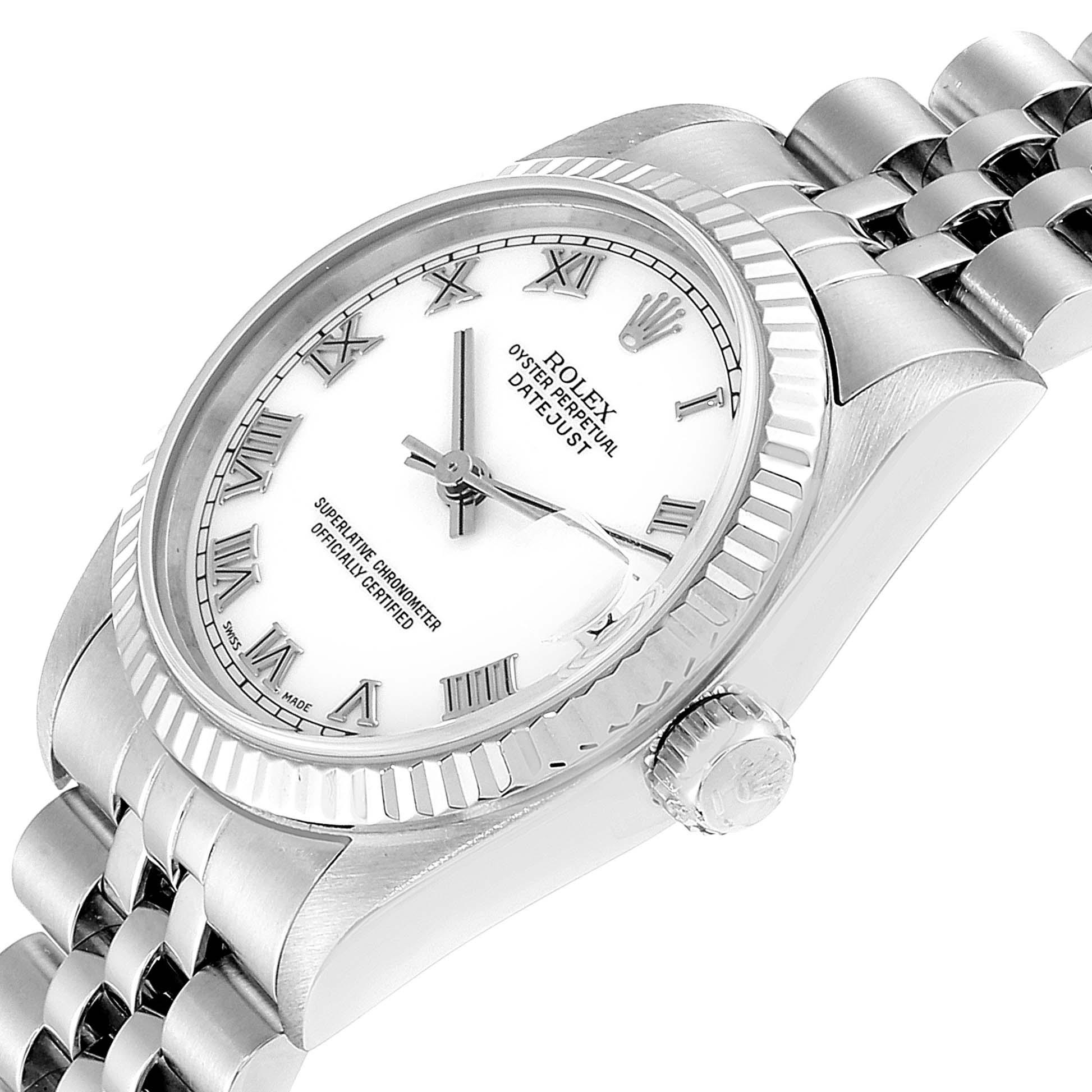 This image shows a Rolex Mid-Size 68274 Women
s Stainless Steel White Dial 68274 Women
s Stainless Steel White Dial Datejust watch from an angled top-down perspective, highlighting the dial, bezel, crown, and bracelet.
