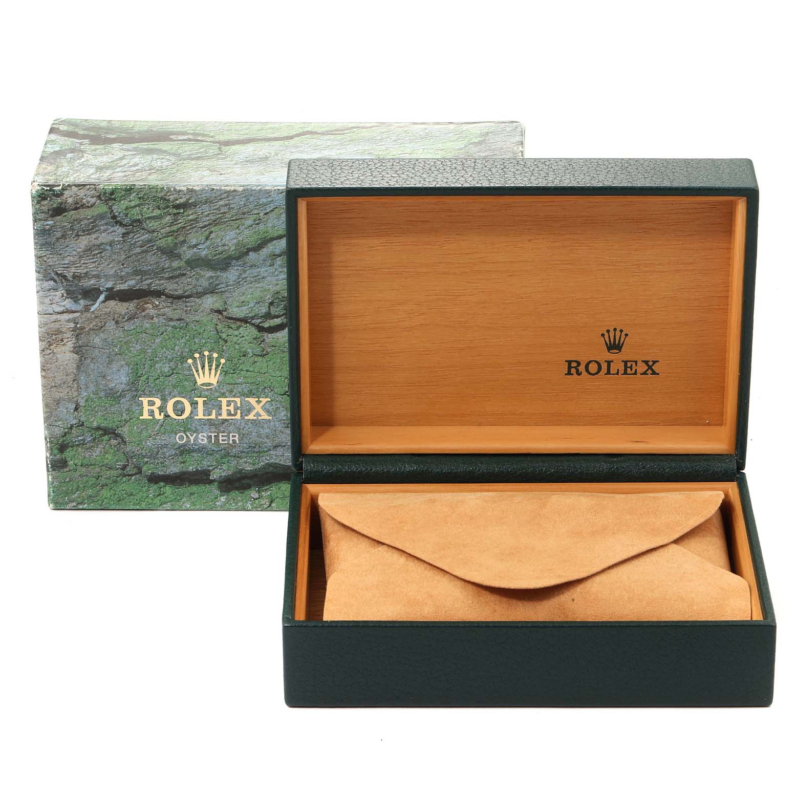 The image shows an open Rolex box and a green Rolex Oyster outer box for a Mid-Size model watch.