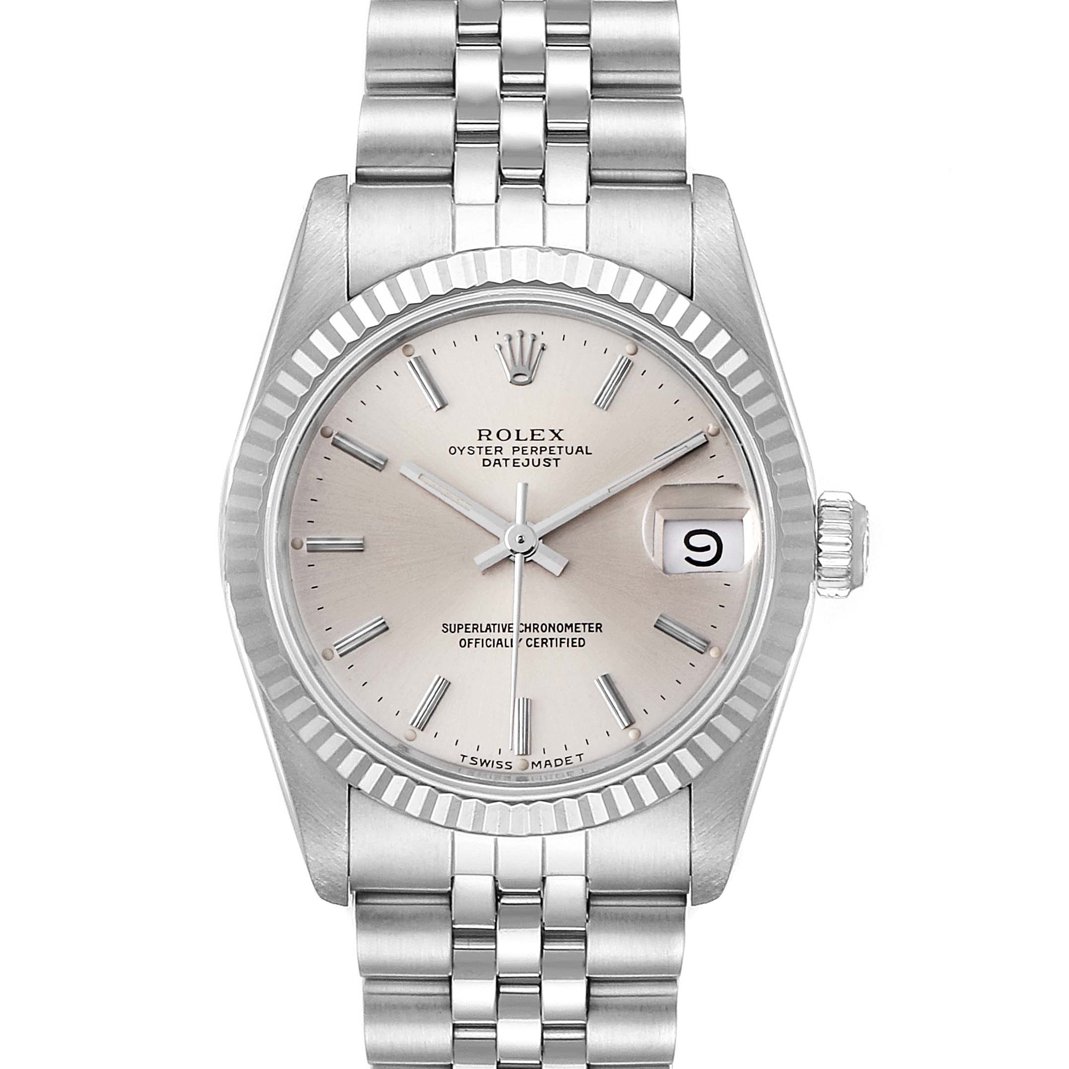 The image shows a front view of the Rolex Mid-Size 68274 Women
s Stainless Steel Silver Dial 68274 Women
s Stainless Steel Silver Dial Datejust watch, displaying the face, bezel, crown, and bracelet.