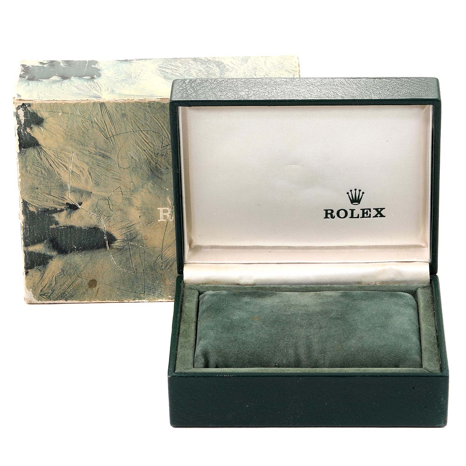 The image shows the packaging for a Mid-Size Rolex watch, including a green inner box and a textured outer box.
