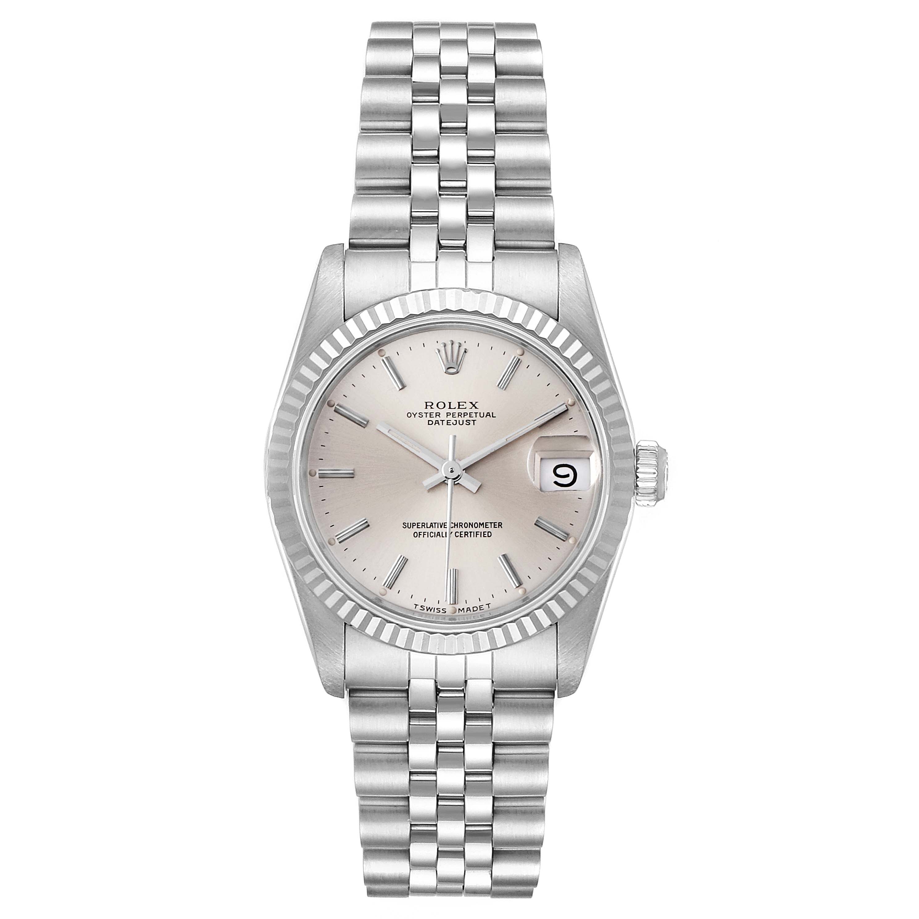 The image shows a front view of the Rolex Mid-Size 68274 Women
s Stainless Steel Silver Dial 68274 Women
s Stainless Steel Silver Dial Datejust, displaying the dial, bezel, jubilee bracelet, and crown.