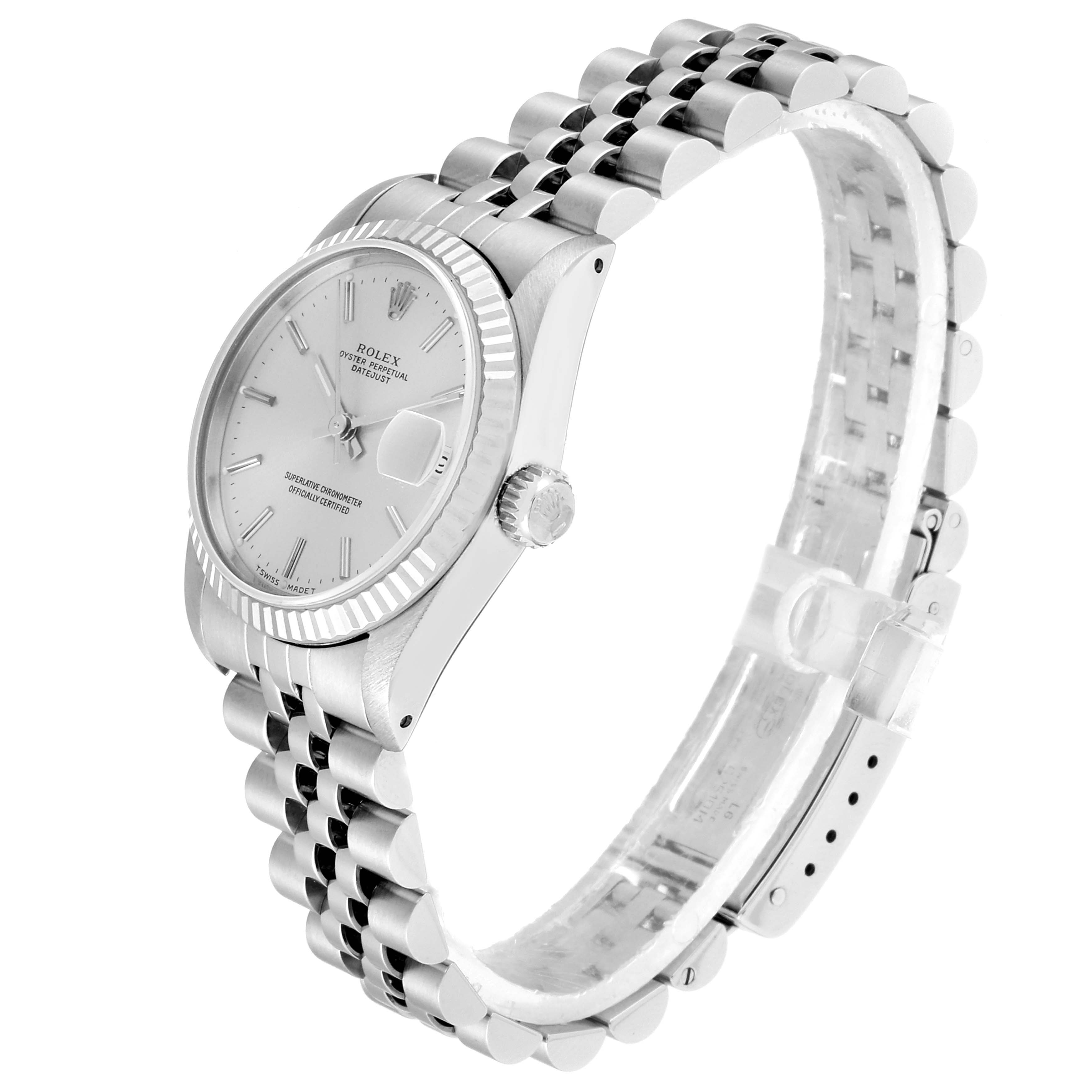 This Rolex Mid-Size 68274 Women
s Stainless Steel Silver Dial 68274 Women
s Stainless Steel Silver Dial model watch is shown at an oblique angle, displaying its dial, bezel, crown, and bracelet.