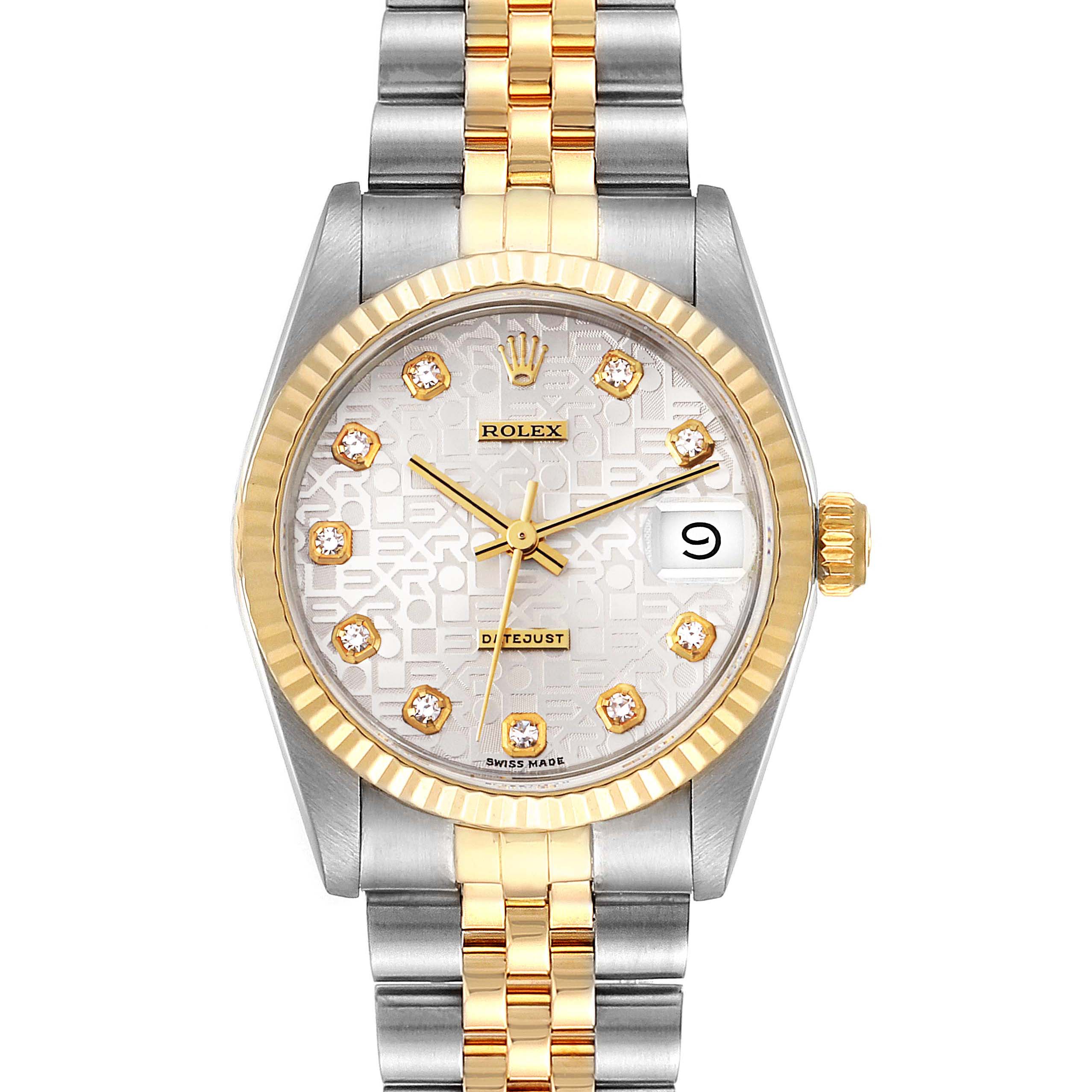 The image shows a front view of a Rolex Mid-Size 68273 Women
s Steel and Gold (two tone) Silver Dial 68273 Women
s Steel and Gold (two tone) Silver Dial Datejust watch, highlighting its face, bezel, and two-tone bracelet.