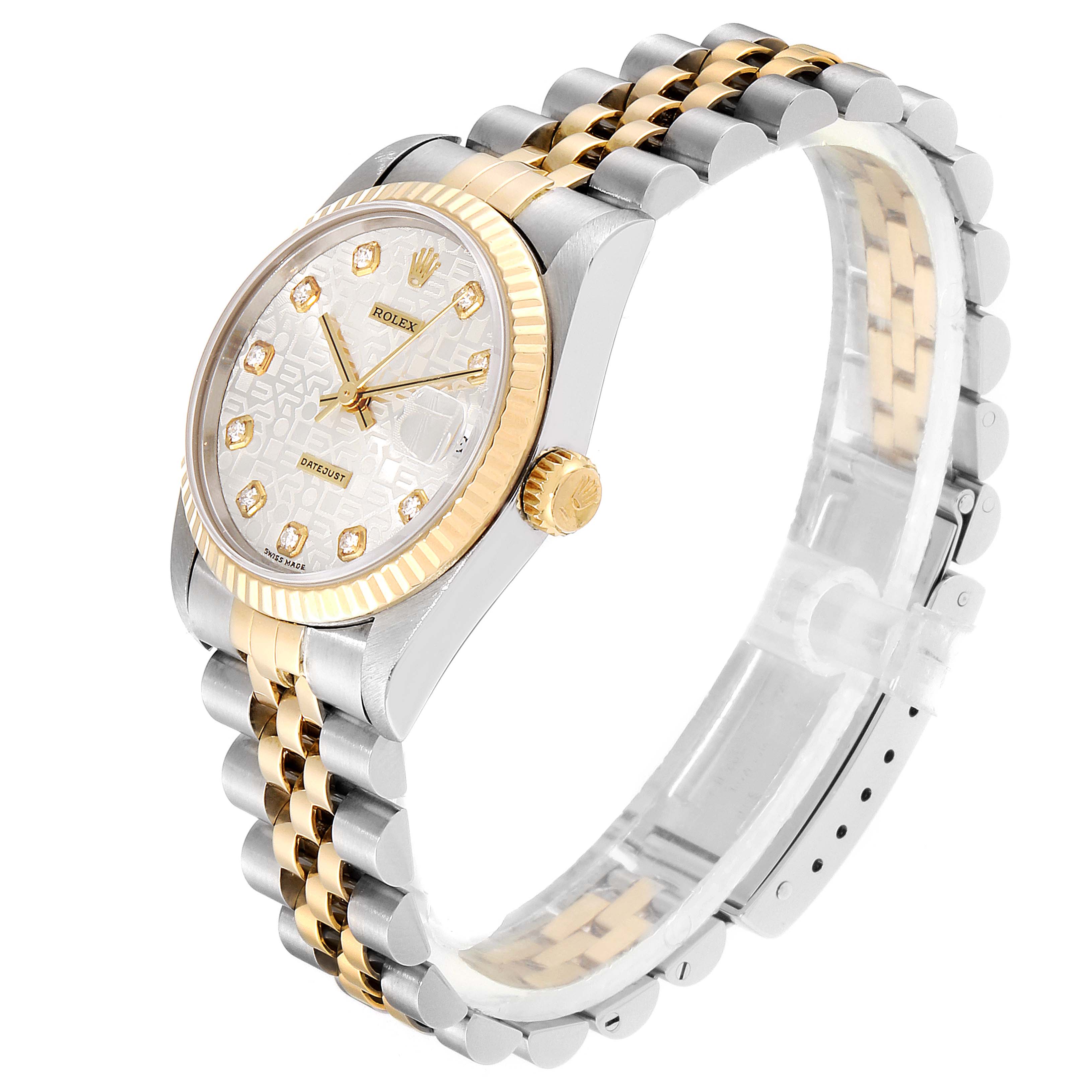 This image shows a side and top view of a Rolex Mid-Size 68273 Women
s Steel and Gold (two tone) Silver Dial 68273 Women
s Steel and Gold (two tone) Silver Dial model watch featuring its dial, bezel, crown, and two-tone bracelet.
