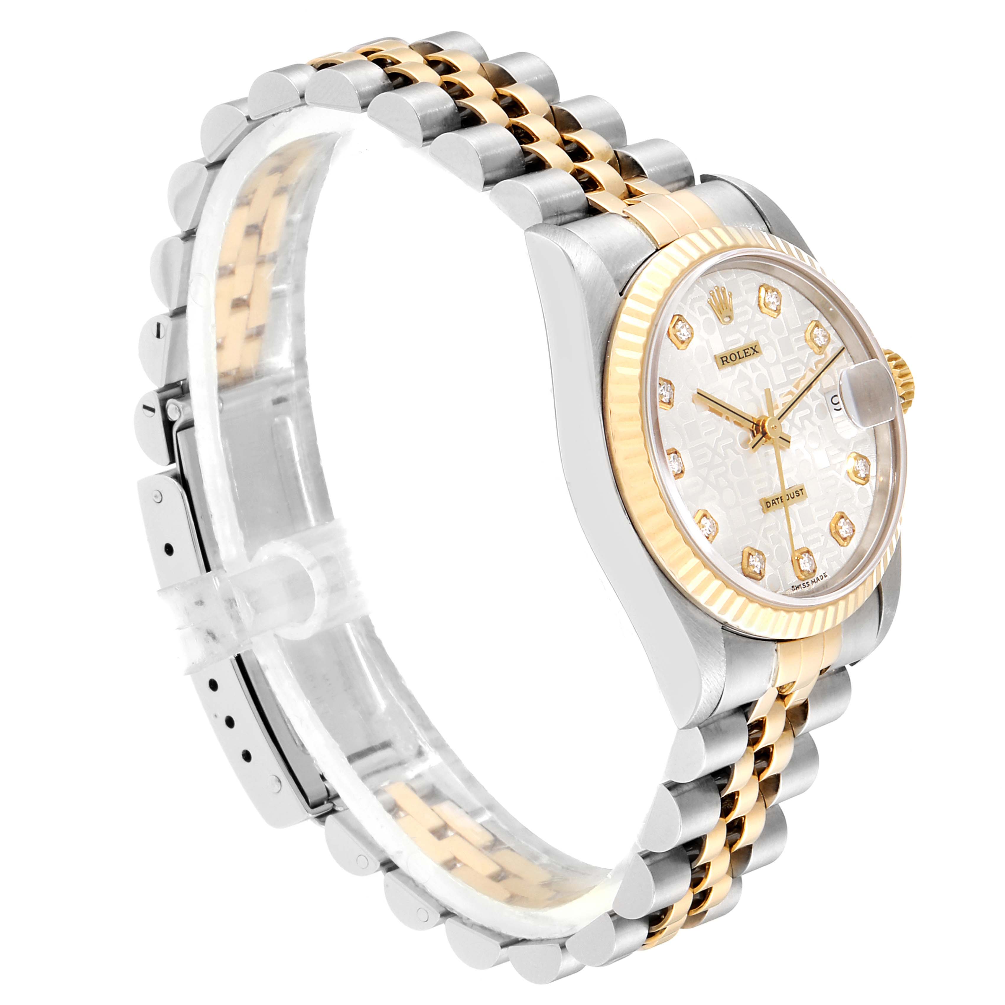 This image shows a side angle of a mid-size Rolex watch, highlighting the face, bezel, crown, and bracelet.