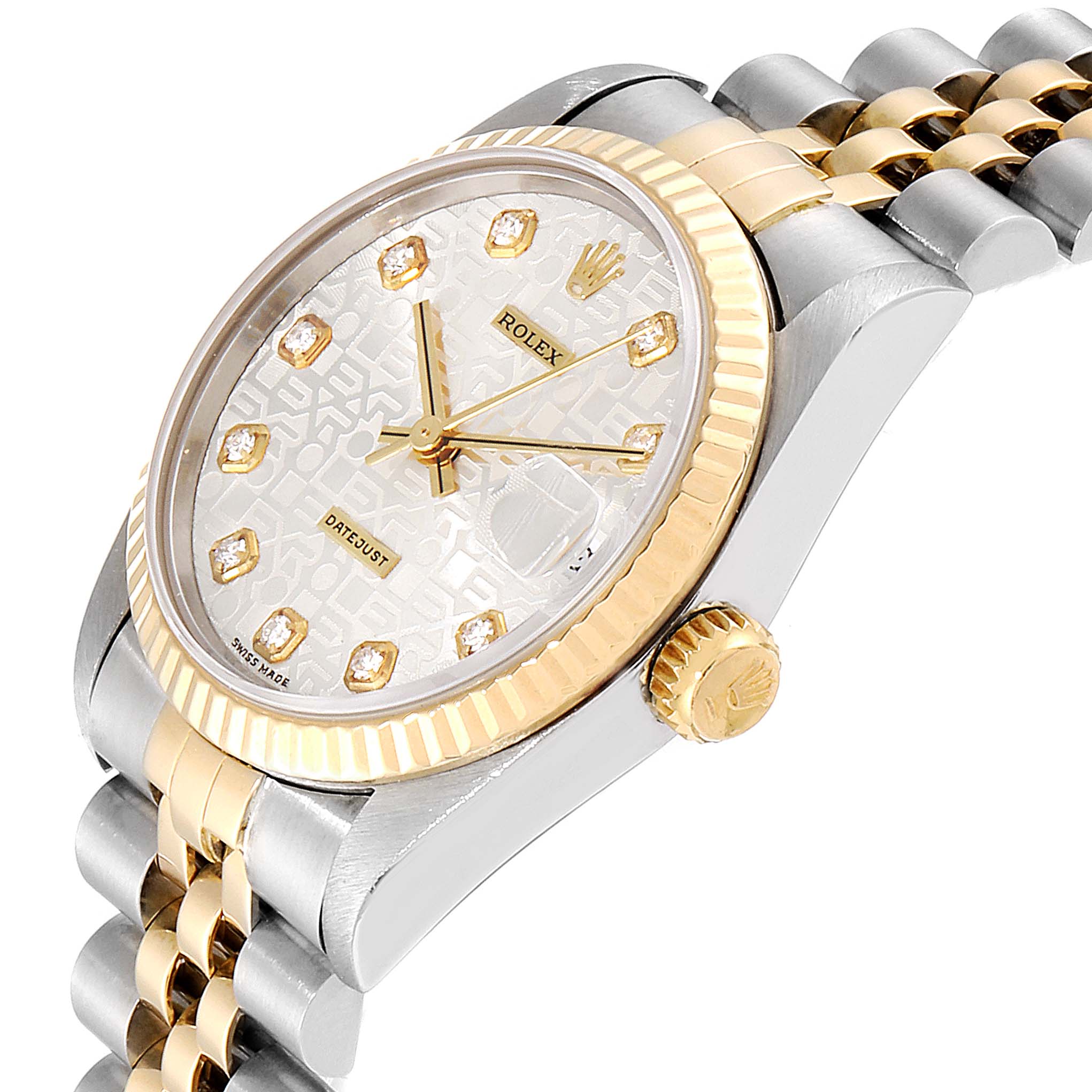 The image shows a side angle of the Mid-Size Rolex watch, highlighting the crown, bezel, and bracelet.