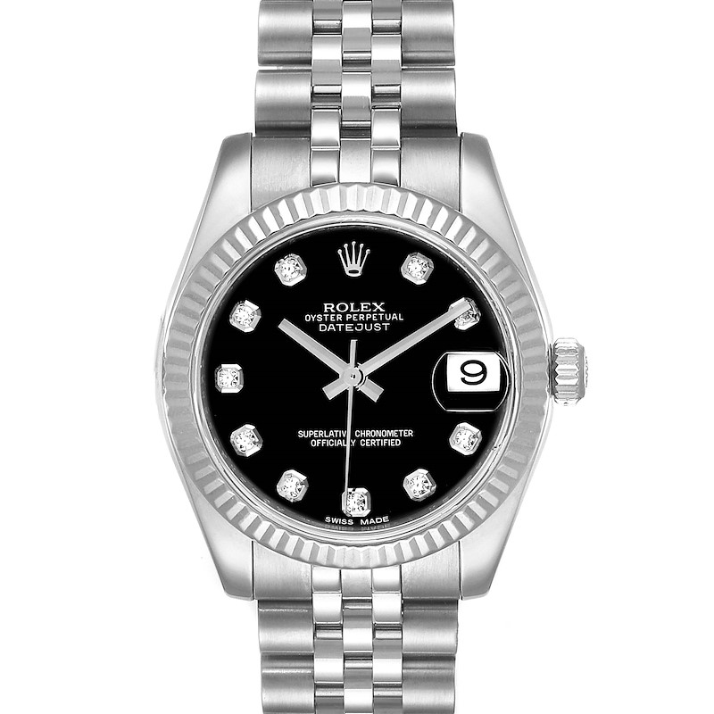 Rolex Datejust Midsize Steel White Gold Black Diamond Dial Watch 178274 SwissWatchExpo
