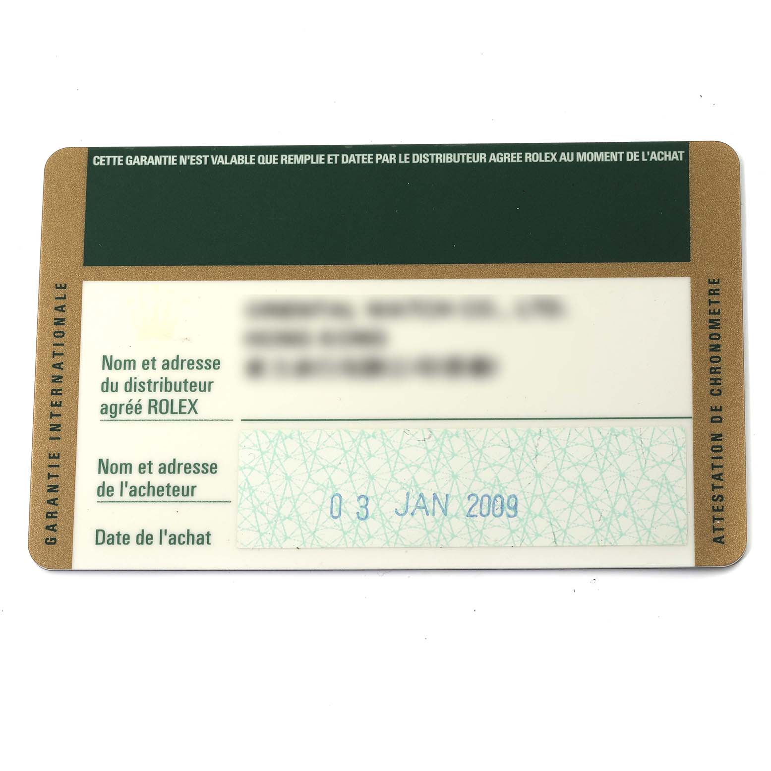 This image shows a warranty card for a mid-size Rolex watch, prominently displaying purchase and distributor details.