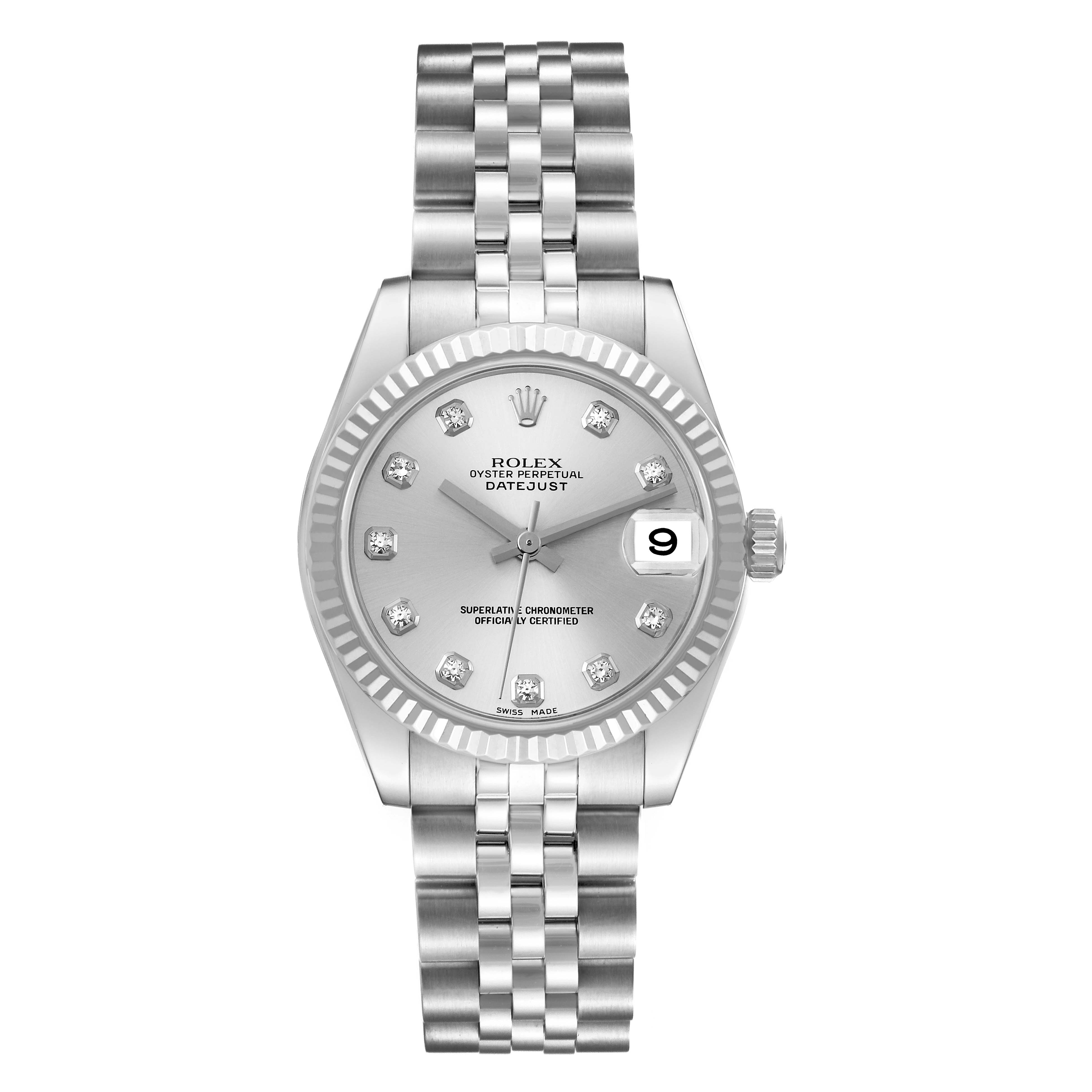 The image shows a front view of a Rolex Datejust Mid-Size watch with a silver dial and jubilee bracelet.