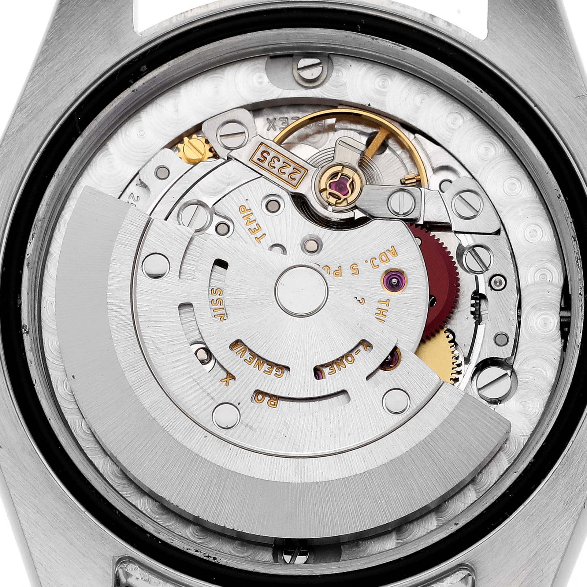 The image shows the movement and internal mechanism of a Rolex Mid-Size 178274 Women's Stainless Steel Silver Dial 178274 Women's Stainless Steel Silver Dial watch from a top-down angle.