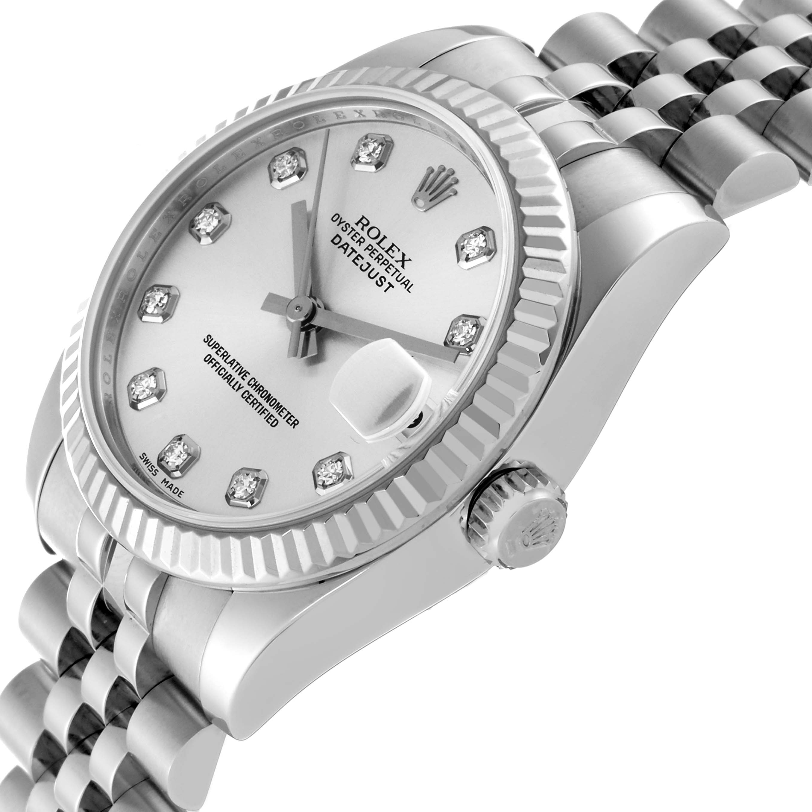 This image shows a Rolex Mid-Size 178274 Women's Stainless Steel Silver Dial 178274 Women's Stainless Steel Silver Dial Datejust watch from an angled side view, highlighting the dial, bezel, crown, and bracelet.