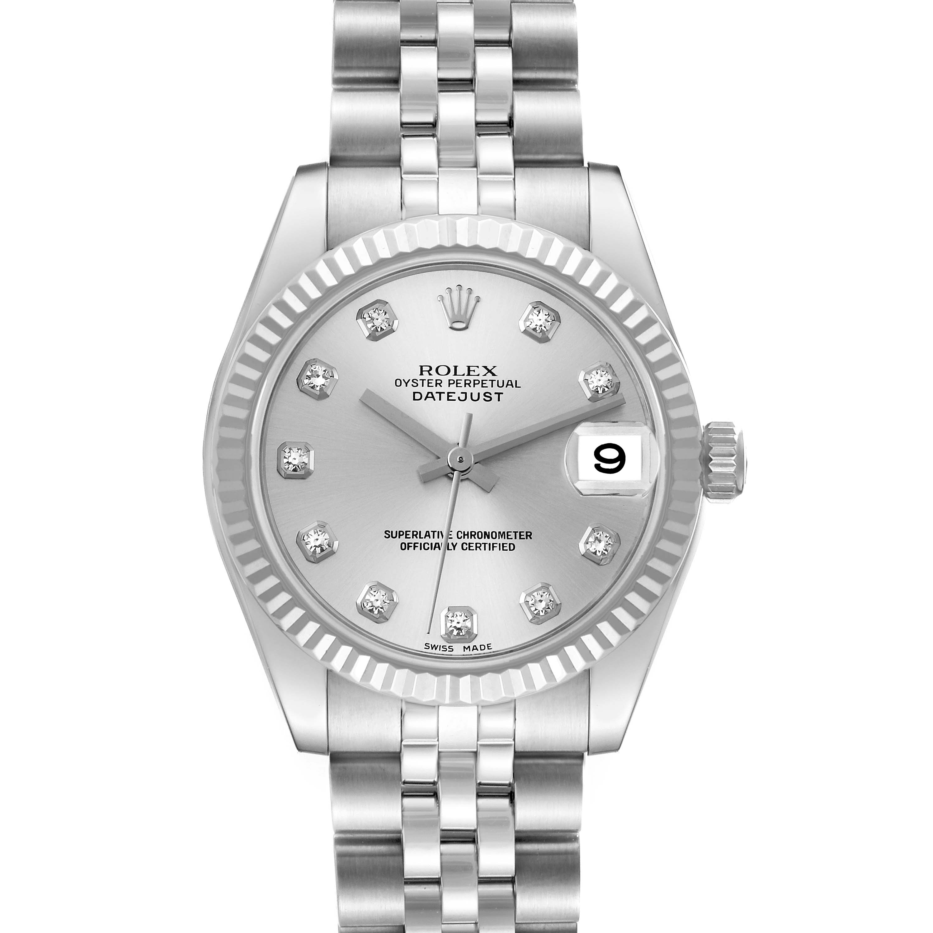 The image shows a frontal view of a Rolex Oyster Perpetual Datejust Mid-Size, displaying the dial, hands, bracelet, and date.