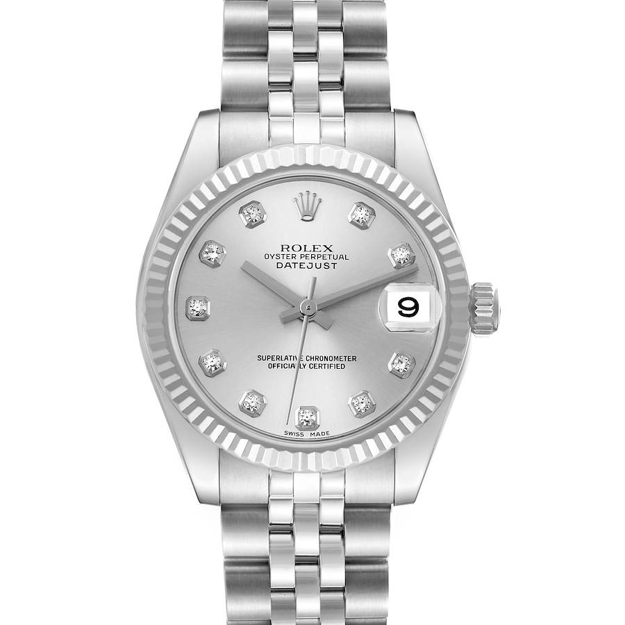 The image shows a frontal view of a Rolex Oyster Perpetual Datejust Mid-Size, displaying the dial, hands, bracelet, and date.