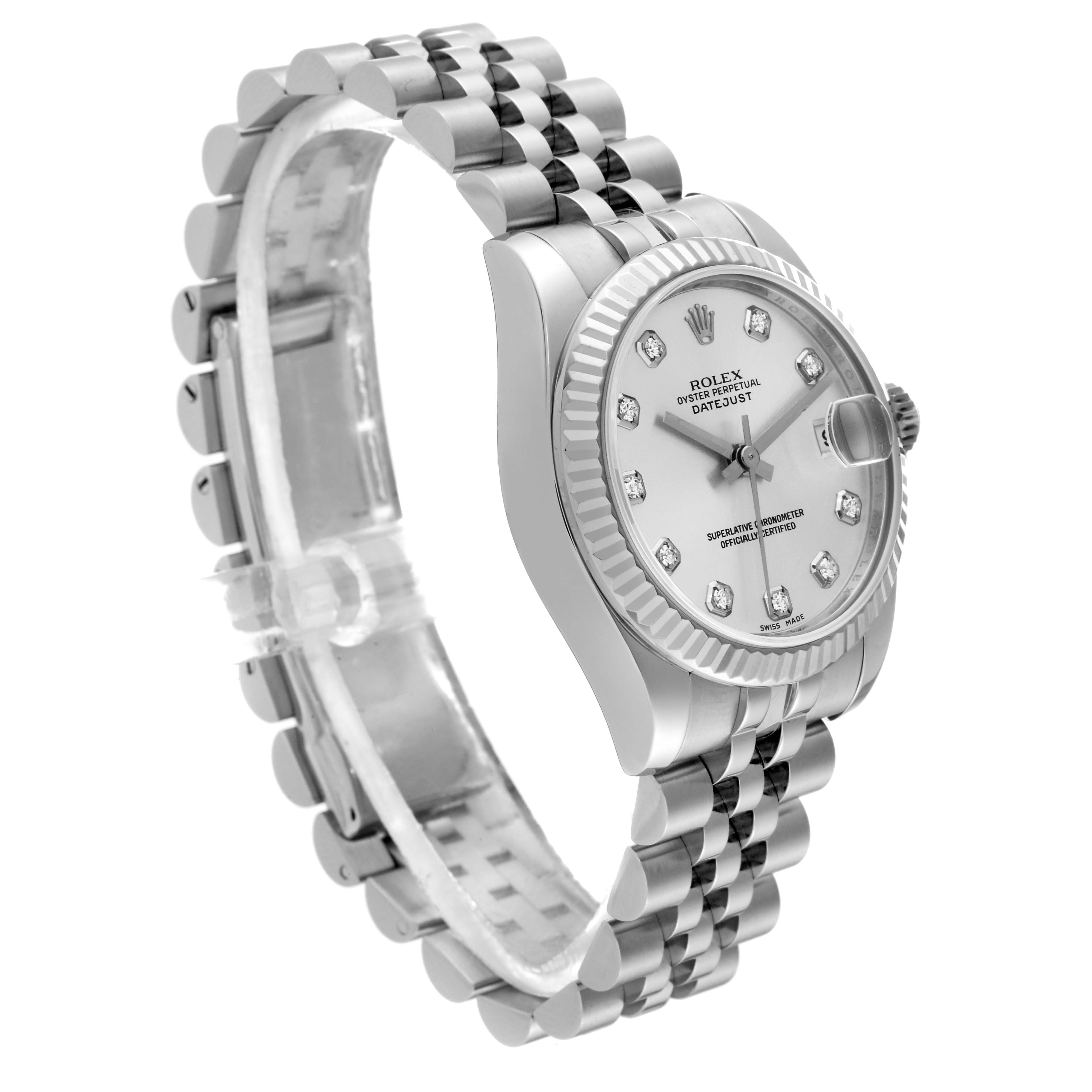 The image shows a Rolex Oyster Perpetual Datejust Mid-Size watch angled from the front and side, highlighting the bracelet, dial, and bezel.