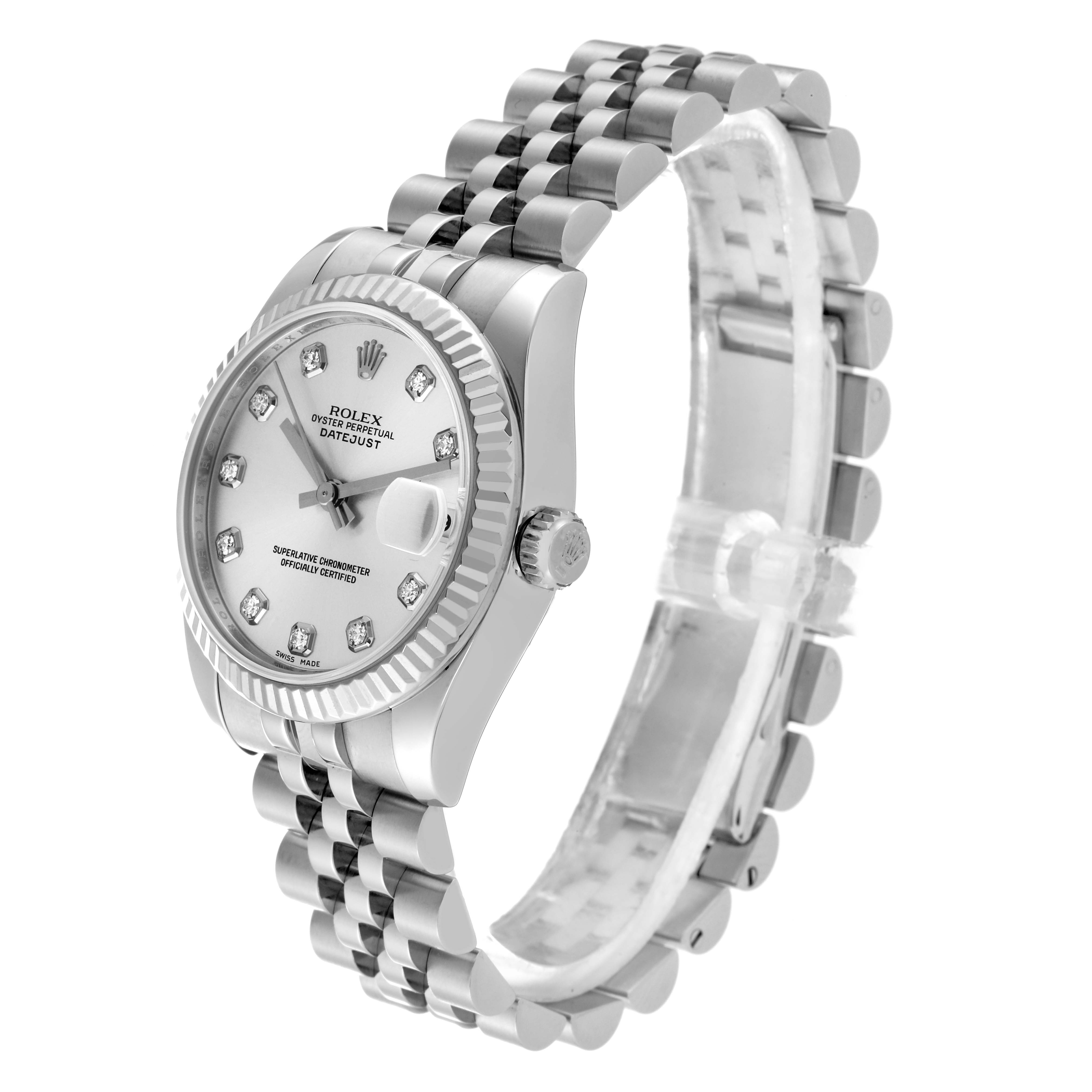 The image shows a side angle of a Rolex Mid-Size 178274 Women's Stainless Steel Silver Dial 178274 Women's Stainless Steel Silver Dial Datejust watch, highlighting its dial, bezel, and jubilee bracelet.