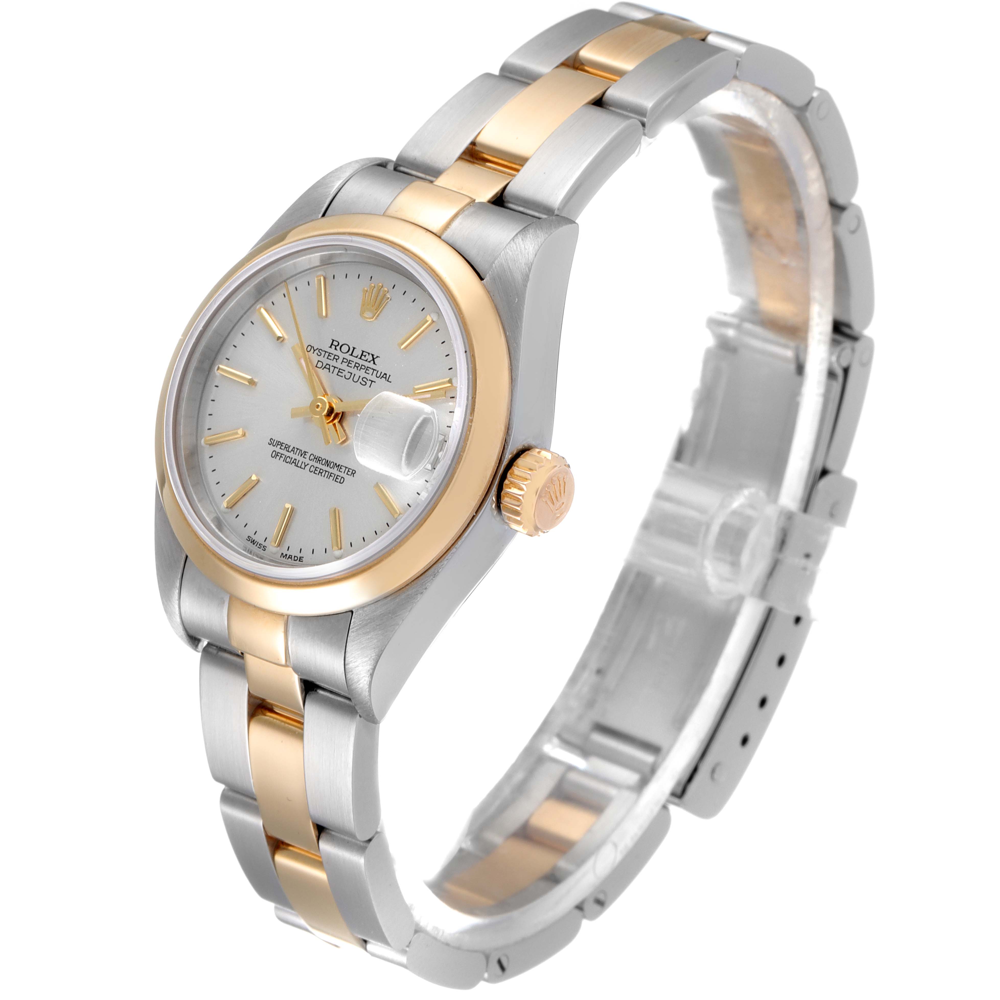 The image shows a Rolex Datejust 79163 Women's Steel and Gold (two tone) Silver Dial 79163 Women's Steel and Gold (two tone) Silver Dial watch at a slightly tilted side angle, displaying its bicolored bracelet and dial details.