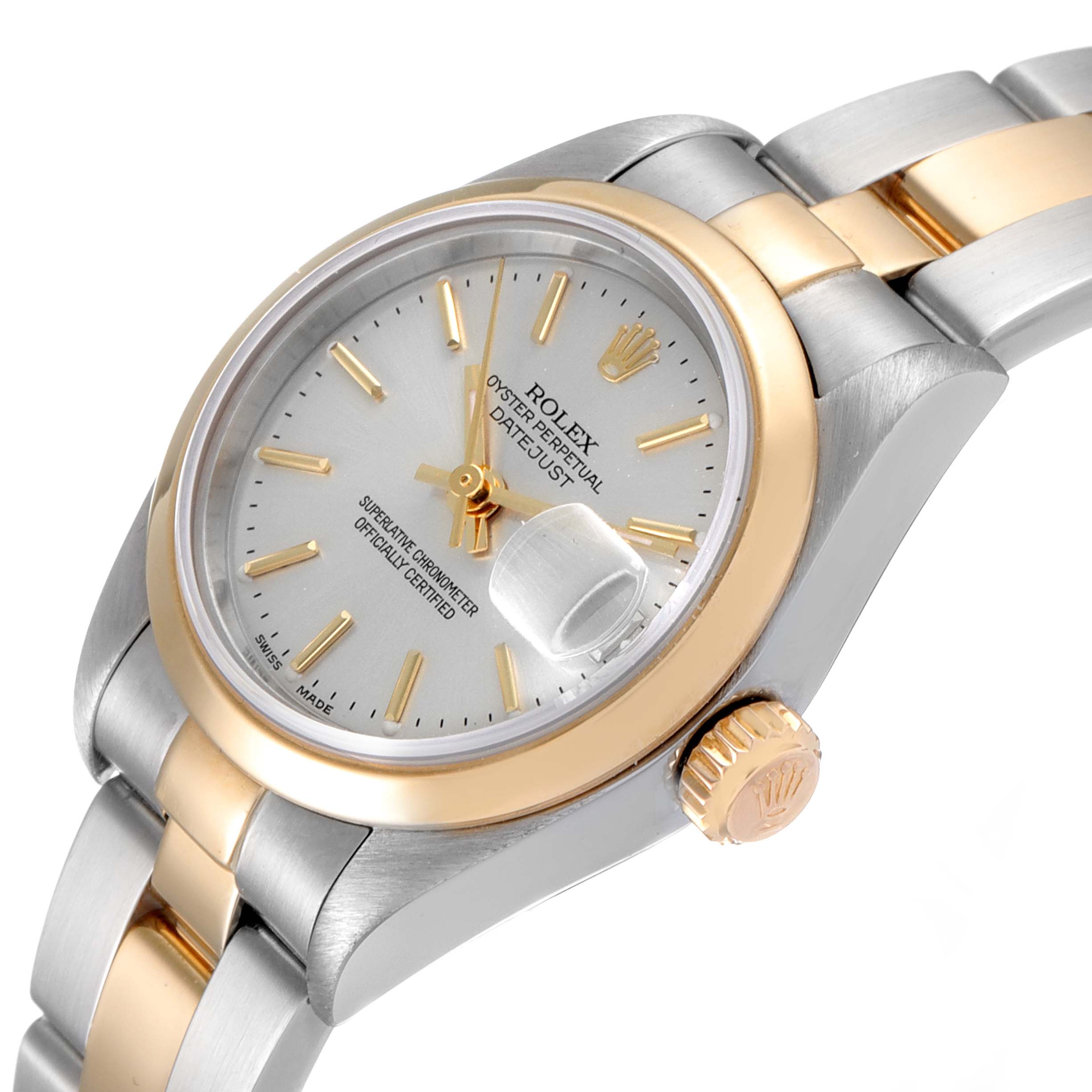 The image shows a Rolex Datejust 79163 Women's Steel and Gold (two tone) Silver Dial 79163 Women's Steel and Gold (two tone) Silver Dial watch at an angled view, highlighting its face, bezel, crown, and part of the bracelet.