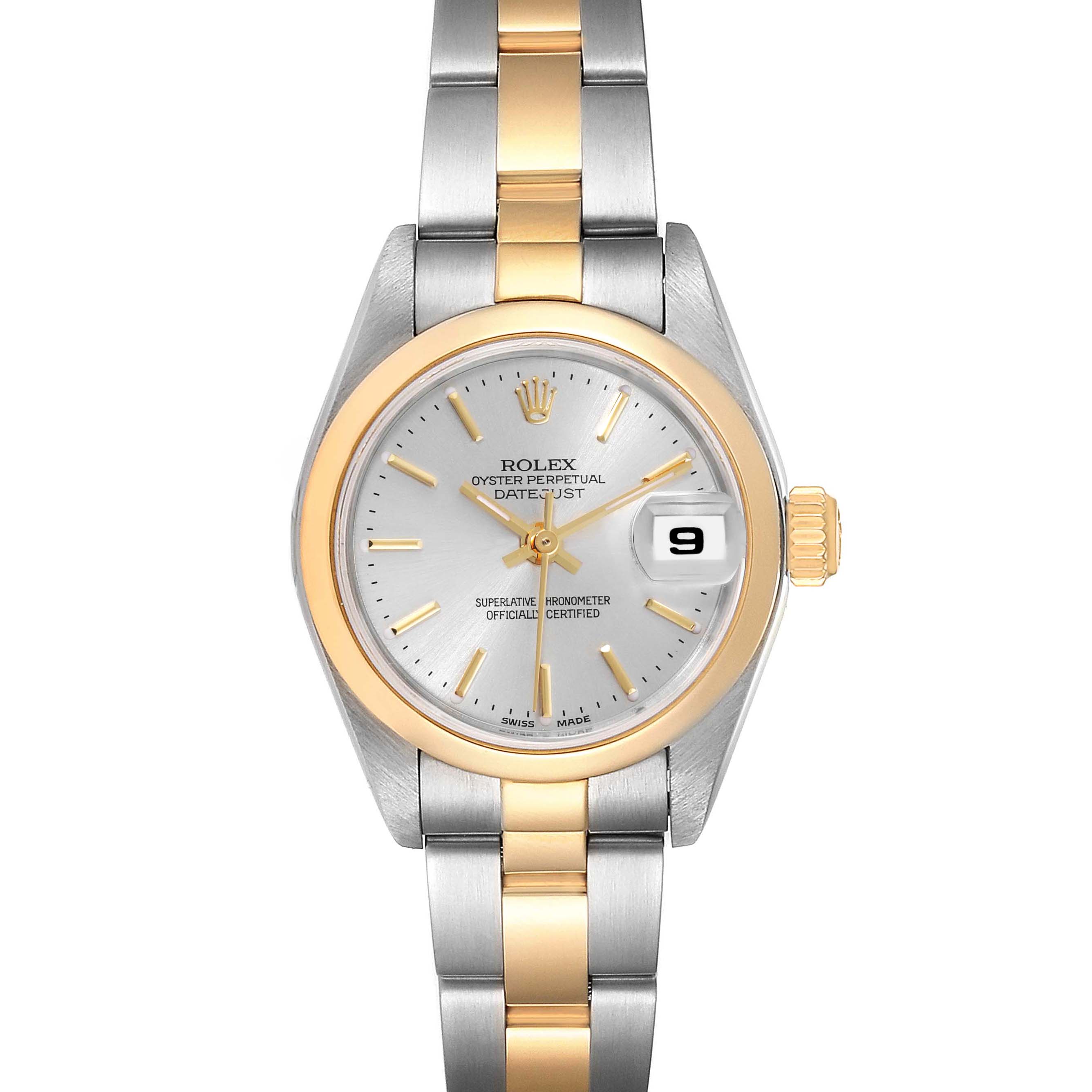The image shows a Rolex Datejust 79163 Women's Steel and Gold (two tone) Silver Dial 79163 Women's Steel and Gold (two tone) Silver Dial watch from a straight-on angle, highlighting the face, bezel, and two-tone bracelet.