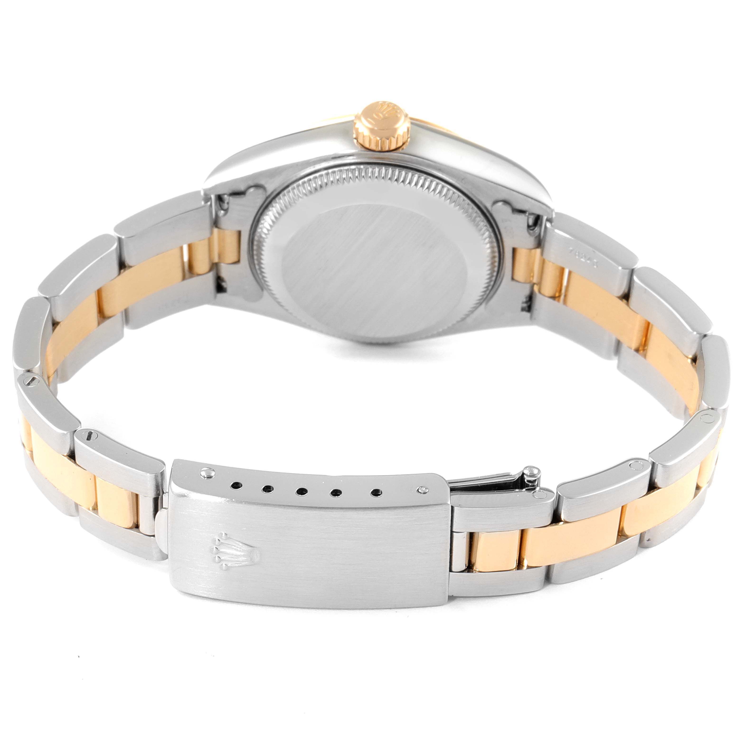 The image shows the back case and clasp of a Rolex Datejust 79163 Women's Steel and Gold (two tone) Silver Dial 79163 Women's Steel and Gold (two tone) Silver Dial watch, with a two-tone metal bracelet.