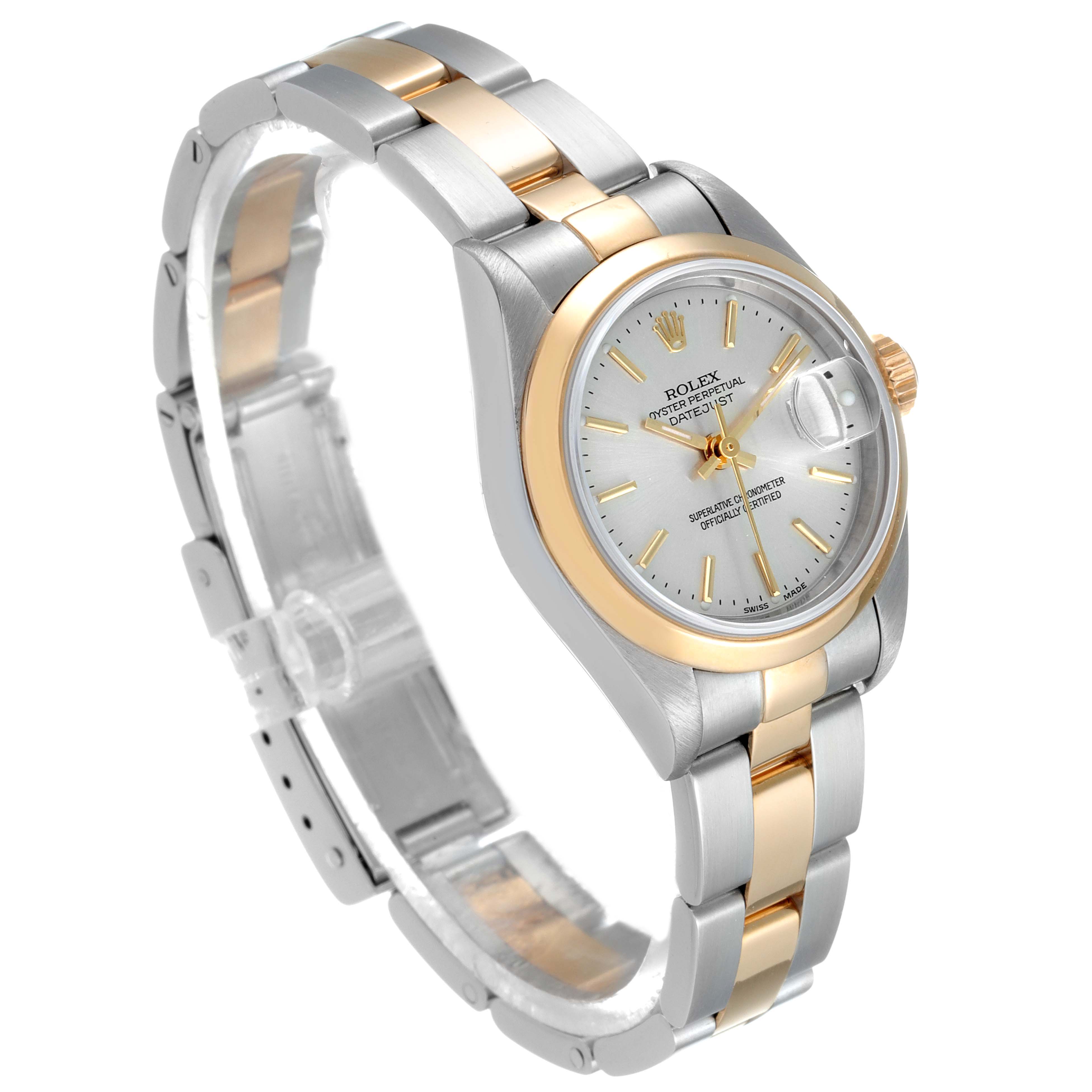 The Rolex Datejust 79163 Women's Steel and Gold (two tone) Silver Dial 79163 Women's Steel and Gold (two tone) Silver Dial watch is shown at an oblique angle, highlighting its dial, bezel, and two-tone bracelet.