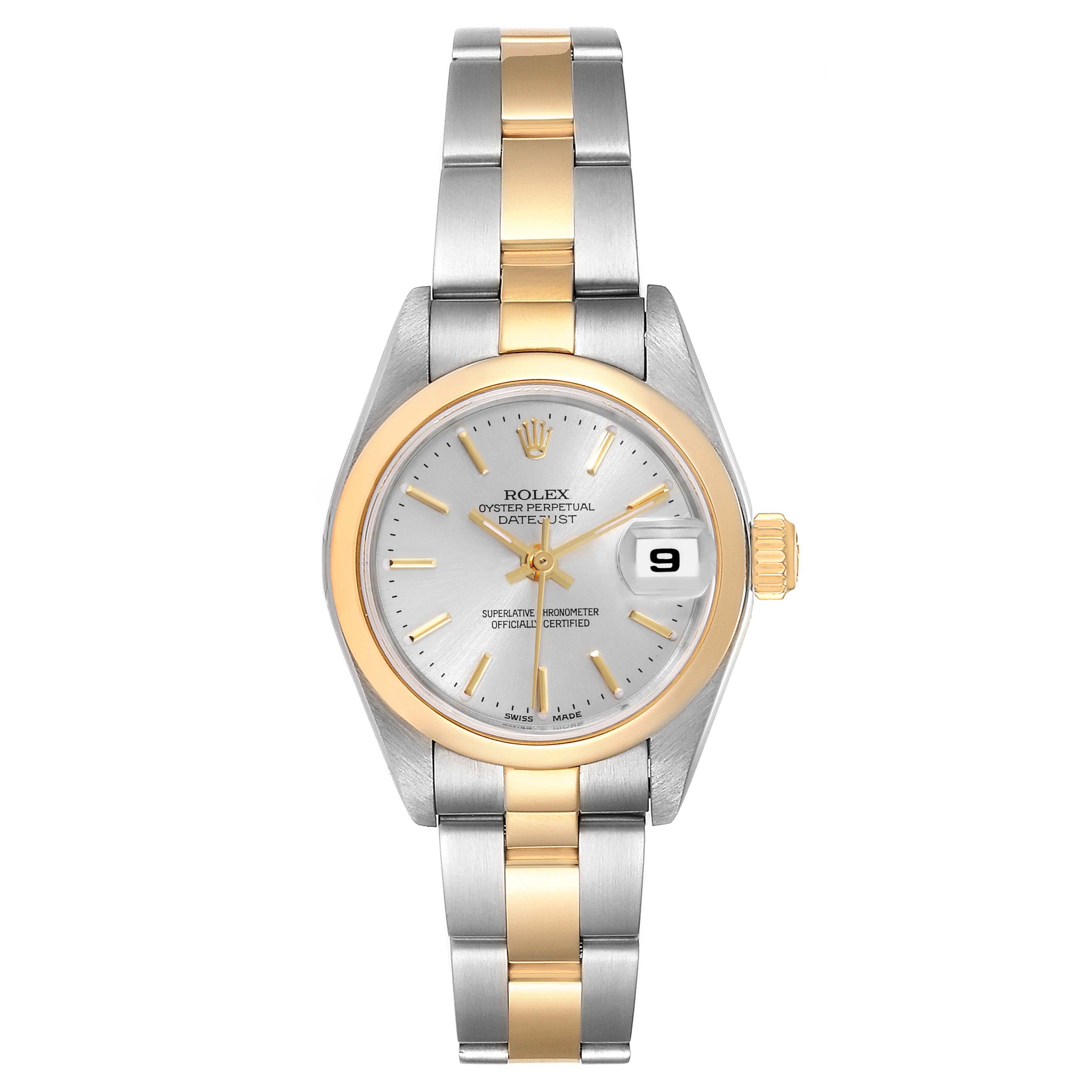 The Rolex Datejust 79163 Women's Steel and Gold (two tone) Silver Dial 79163 Women's Steel and Gold (two tone) Silver Dial watch is shown from a top-down angle, displaying the dial, bezel, and bracelet.