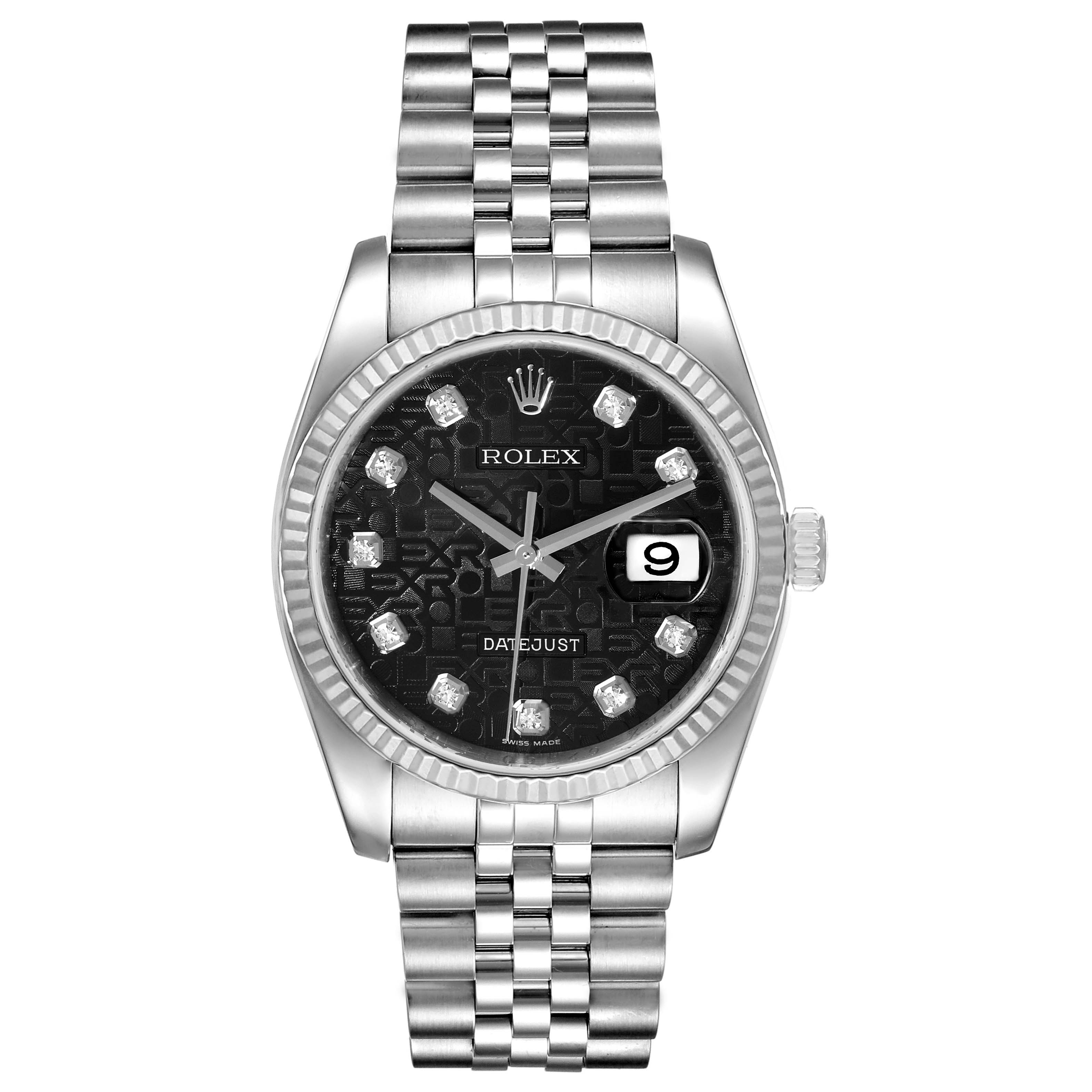 The image shows the front view of a Rolex Datejust 116234 Men's Stainless Steel Black Dial 116234 Men's Stainless Steel Black Dial watch, displaying its face, bezel, crown, and bracelet.