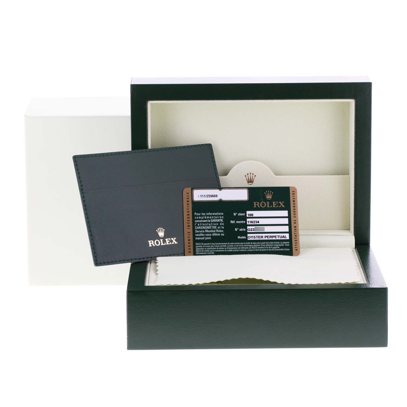 This image shows the packaging and certificate for the Rolex Datejust 116234 Men's Stainless Steel Black Dial 116234 Men's Stainless Steel Black Dial model, including the inner box and warranty card.