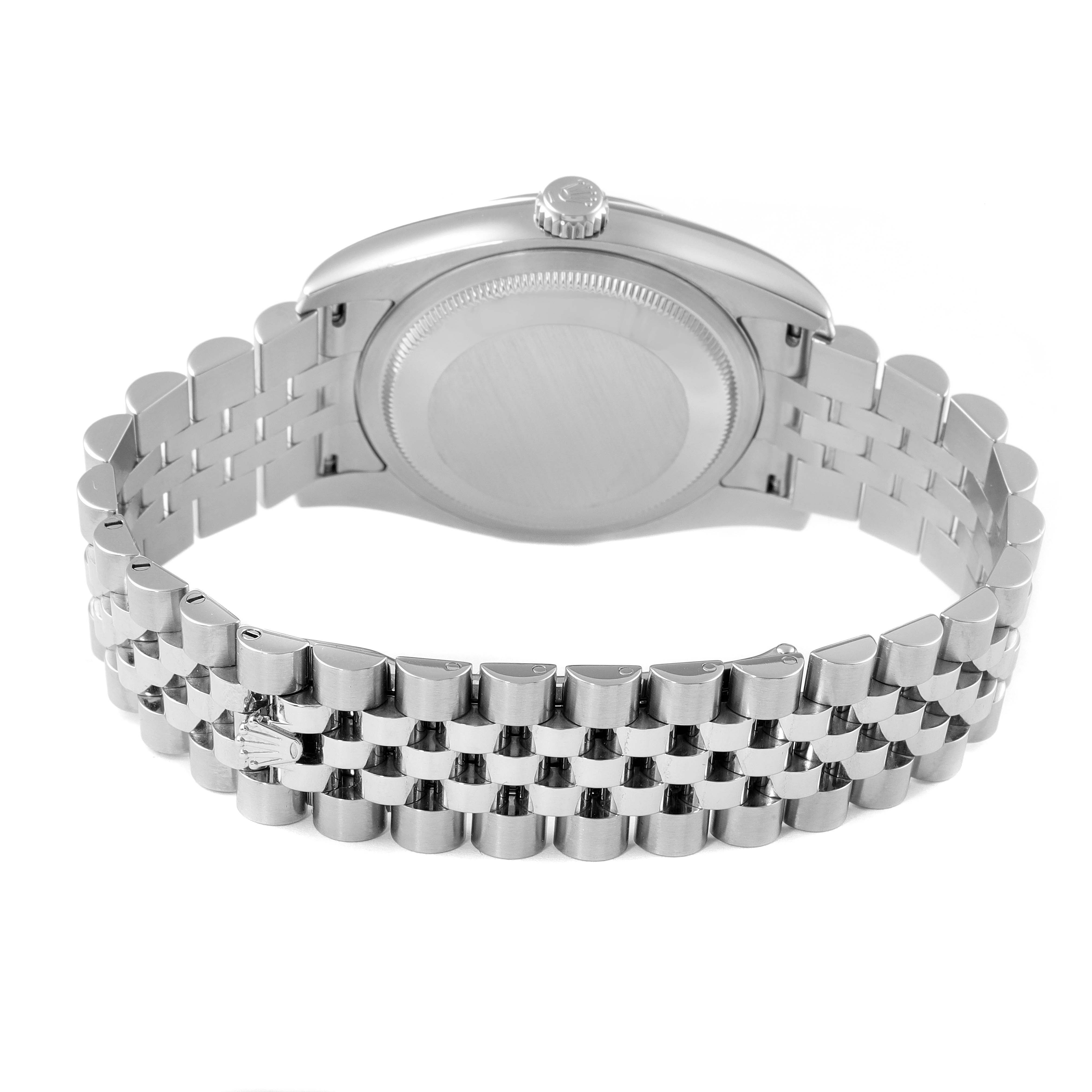 The image shows the back view of a Rolex Datejust 116234 Men's Stainless Steel Black Dial 116234 Men's Stainless Steel Black Dial watch, highlighting its bracelet and case back.