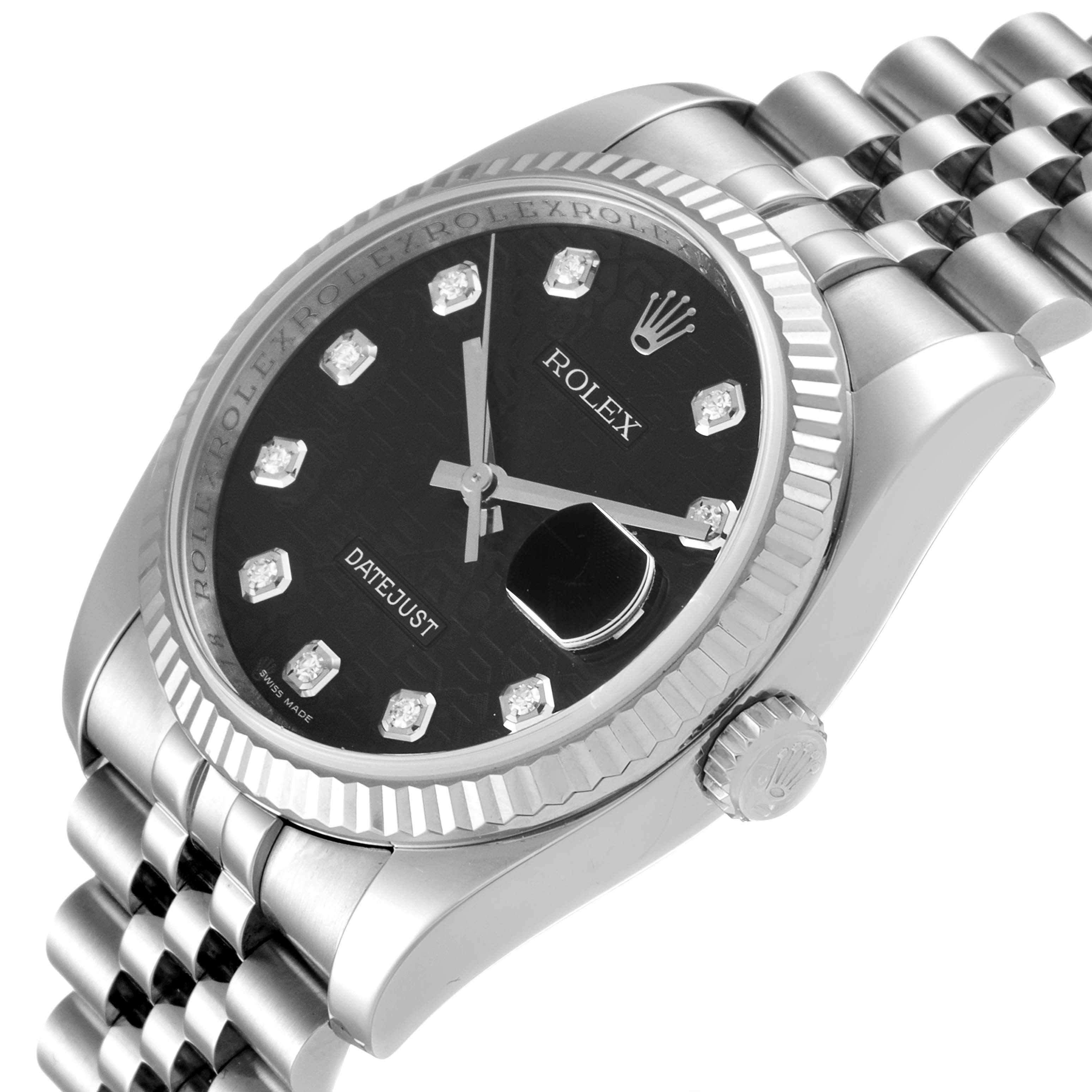 The image shows a Rolex Datejust 116234 Men's Stainless Steel Black Dial 116234 Men's Stainless Steel Black Dial watch at an angle, highlighting its dial, bezel, crown, and part of the bracelet.