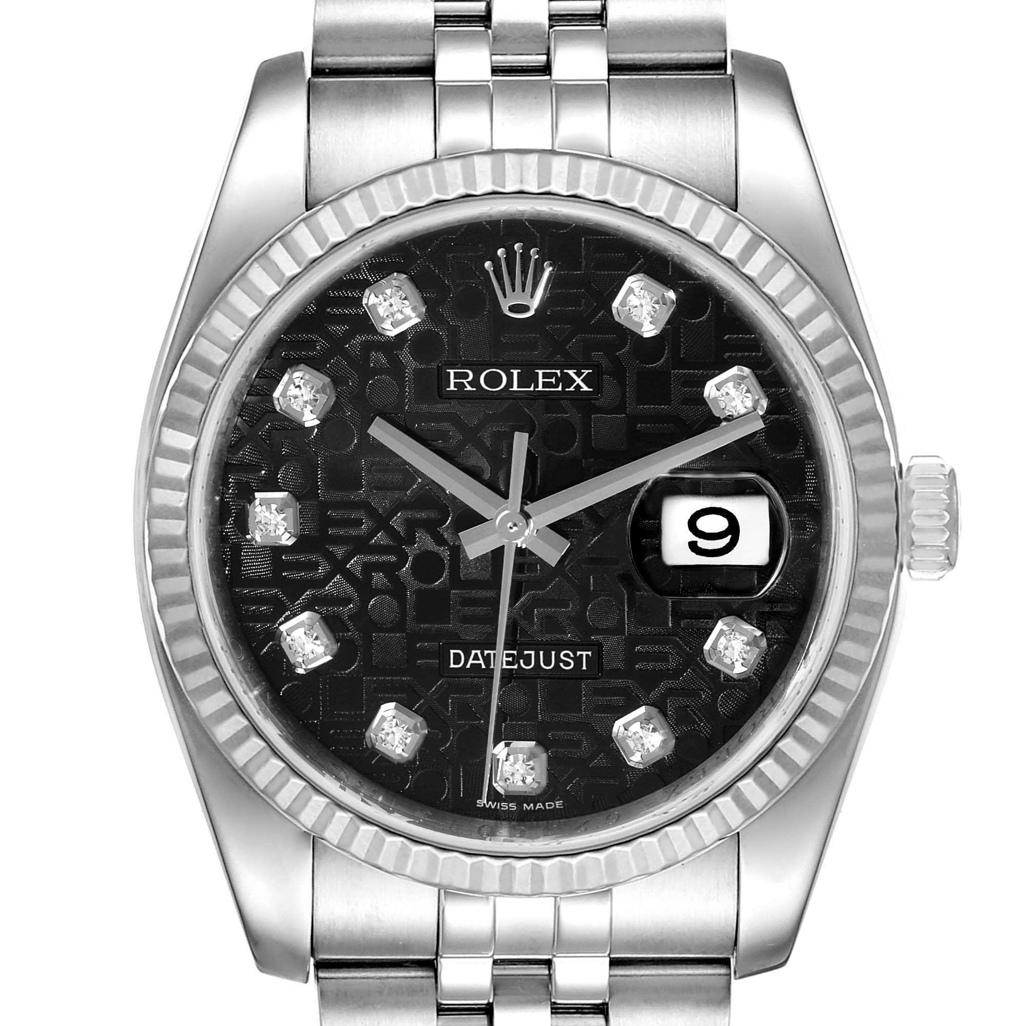 This image shows a straight-on view of the dial and bracelet of a Rolex Datejust 116234 Men's Stainless Steel Black Dial 116234 Men's Stainless Steel Black Dial watch with a black face and date display.
