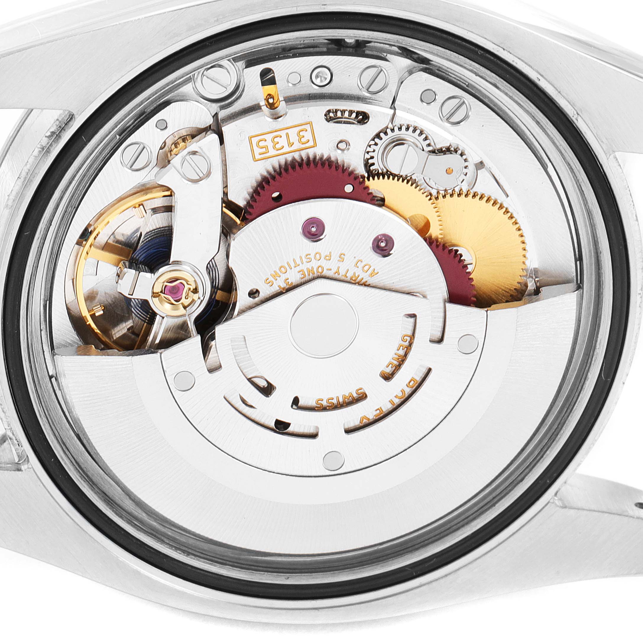 This image shows the inner mechanical movement of the Rolex Datejust 116234 Men's Stainless Steel Black Dial 116234 Men's Stainless Steel Black Dial watch, viewed from the back.