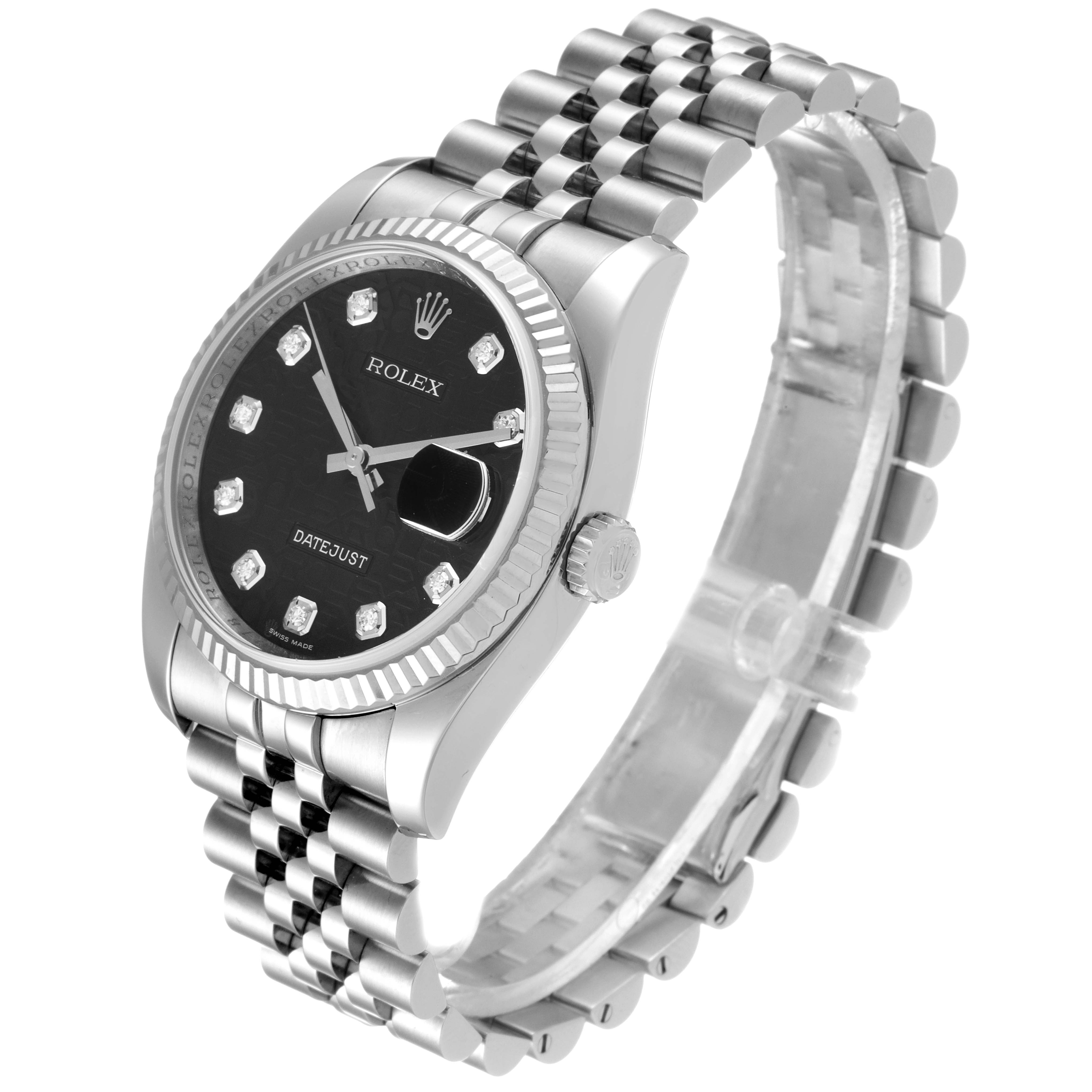 The image shows a Rolex Datejust 116234 Men's Stainless Steel Black Dial 116234 Men's Stainless Steel Black Dial watch at an angle displaying the face, bezel, crown, and bracelet.