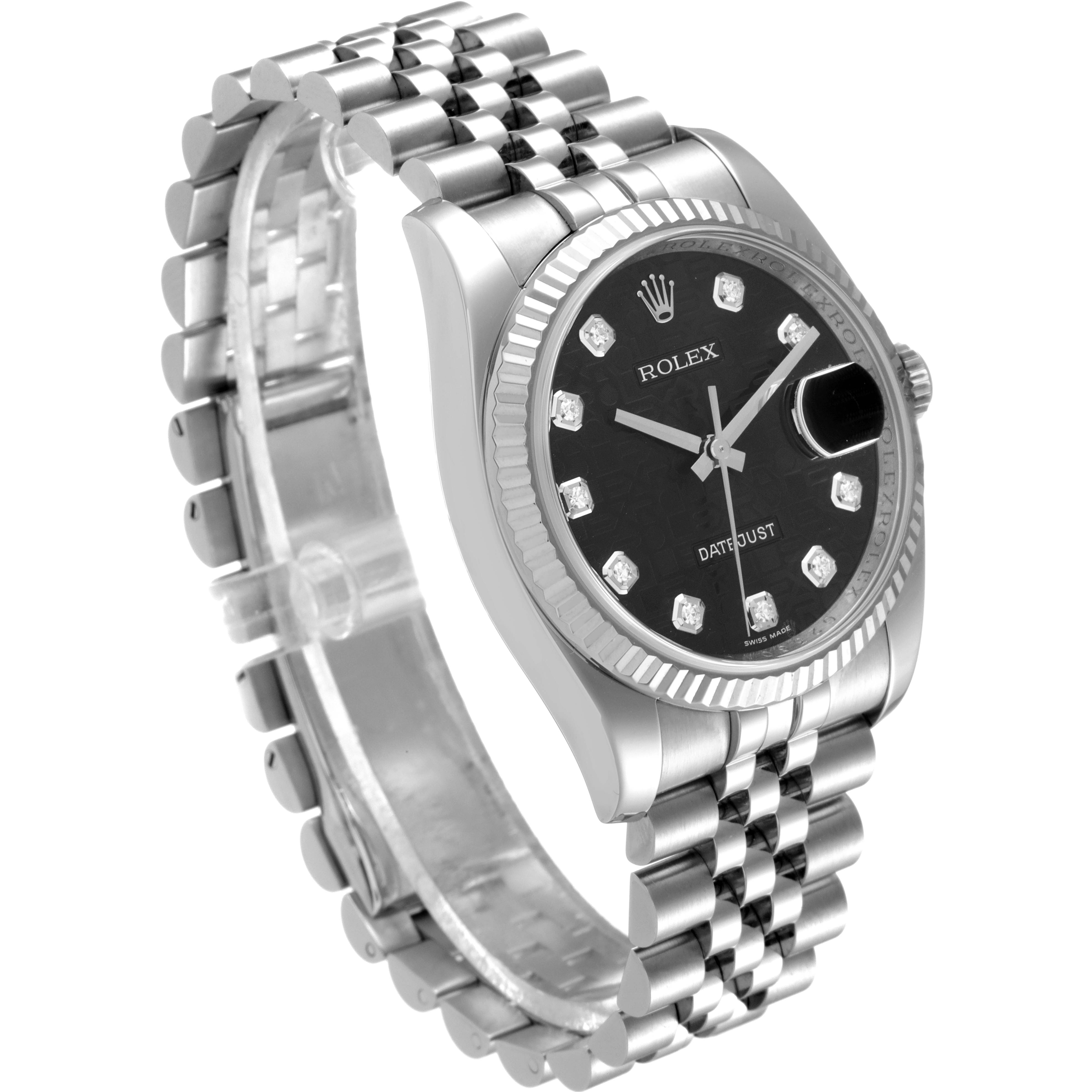 This image shows a side angle of the Rolex Datejust 116234 Men's Stainless Steel Black Dial 116234 Men's Stainless Steel Black Dial watch, highlighting the face, band, and crown.