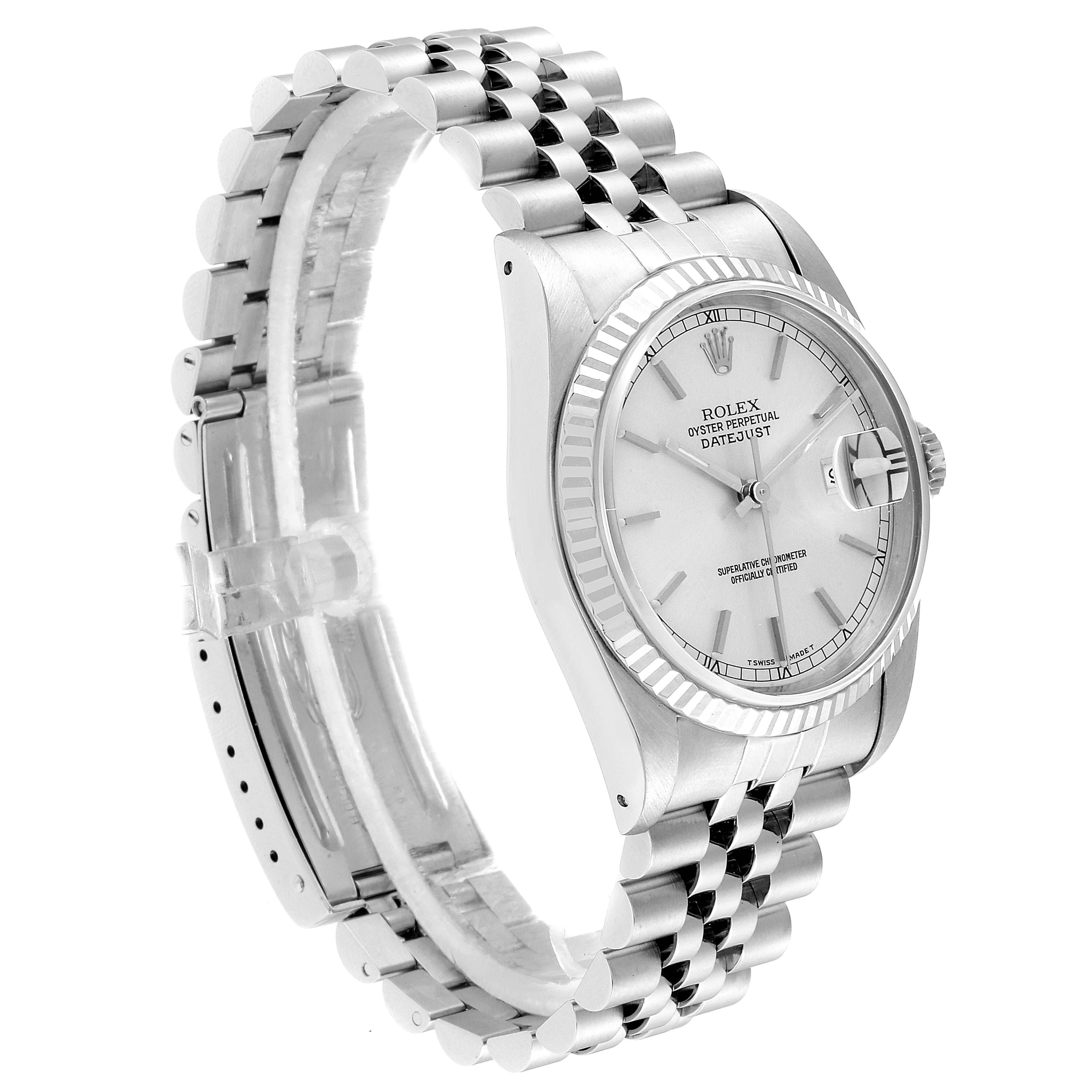 The image shows a side and front angle of a Rolex Datejust 16234 Men's Stainless Steel Silver Dial 16234 Men's Stainless Steel Silver Dial watch, highlighting the bracelet, case, and dial.