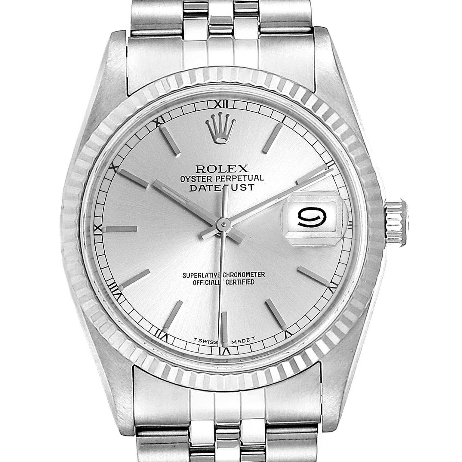 The image shows a frontal view of a Rolex Datejust 16234 Men's Stainless Steel Silver Dial 16234 Men's Stainless Steel Silver Dial watch, displaying its dial, bezel, crown, and bracelet.