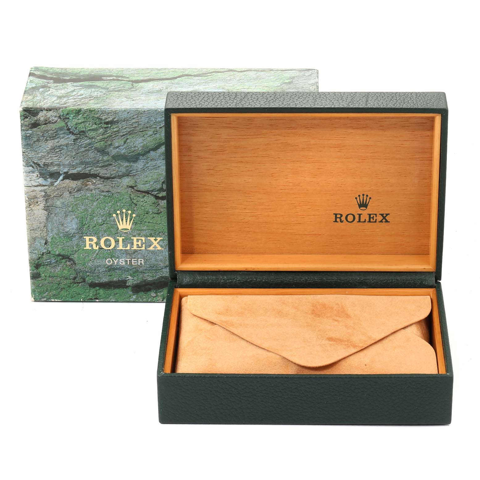 This image shows an open Rolex Datejust 16234 Men's Stainless Steel Silver Dial 16234 Men's Stainless Steel Silver Dial watch box with its outer box and a suede pouch inside.