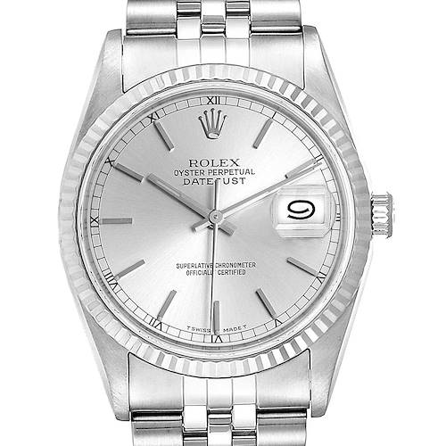 Photo of Rolex Datejust Steel White Gold Silver Baton Dial Mens Watch 16234