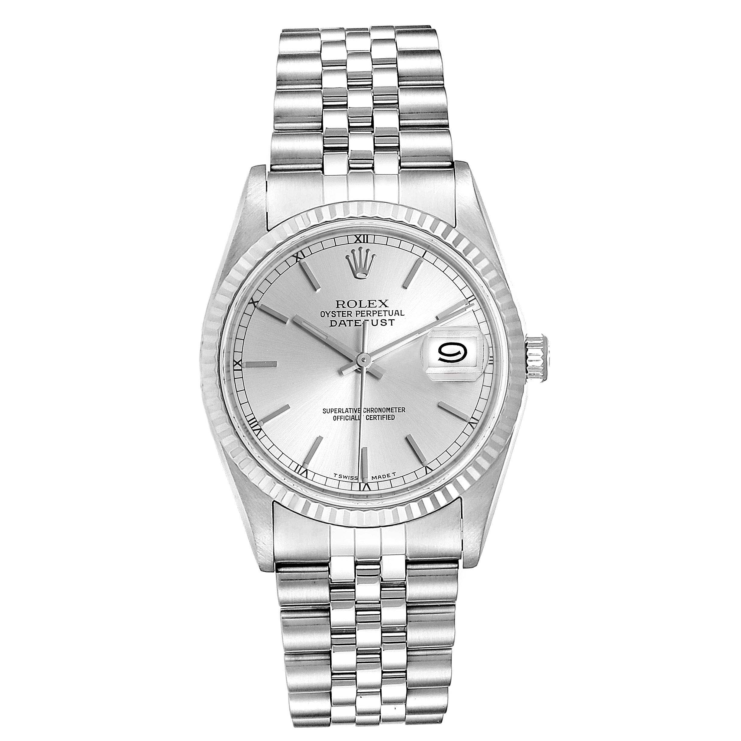 This is a frontal view of a Rolex Datejust 16234 Men's Stainless Steel Silver Dial 16234 Men's Stainless Steel Silver Dial watch showing the dial, hands, date window, bezel, and bracelet.