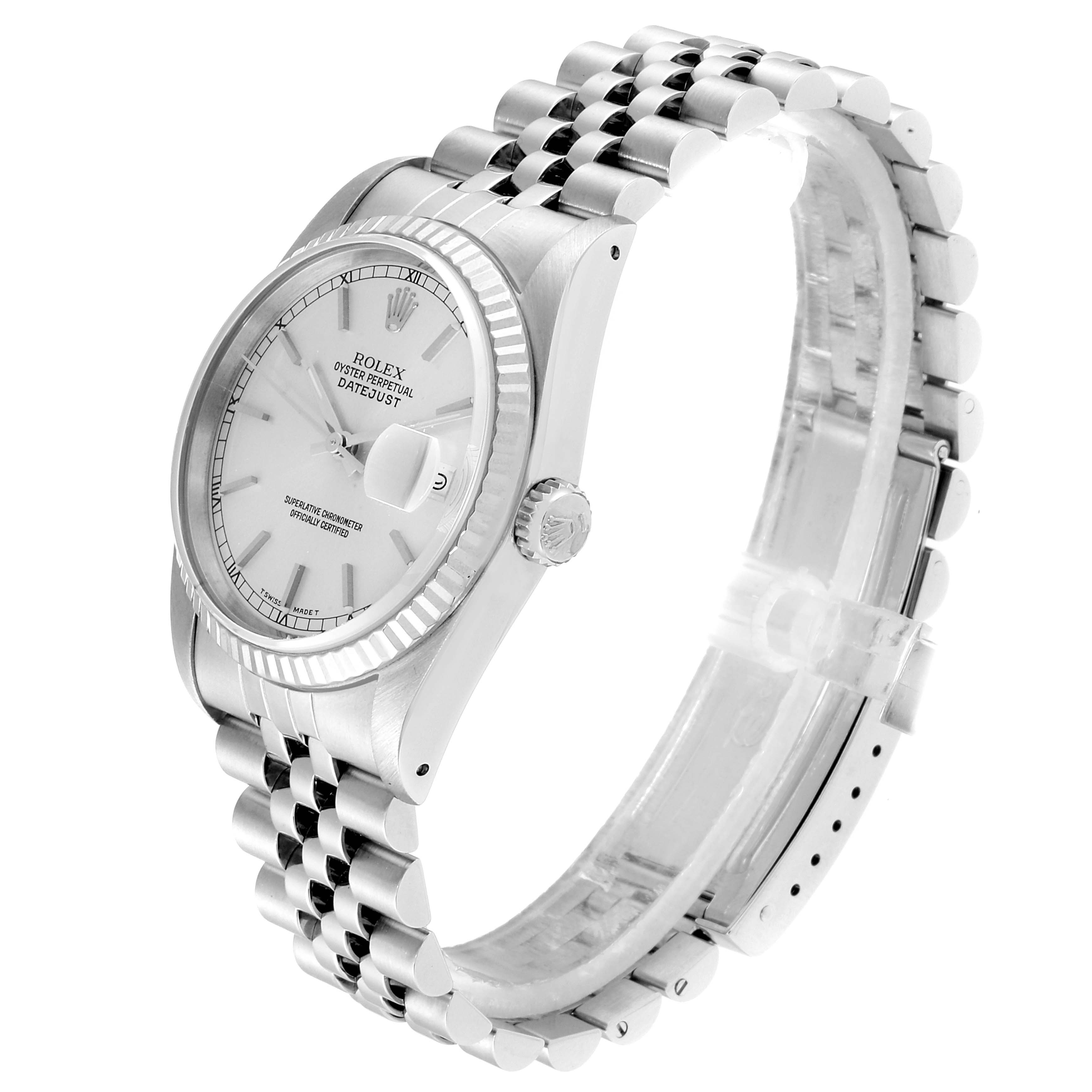 The image shows a side view of the Rolex Datejust 16234 Men's Stainless Steel Silver Dial 16234 Men's Stainless Steel Silver Dial watch, highlighting its dial, bezel, crown, and jubilee bracelet.