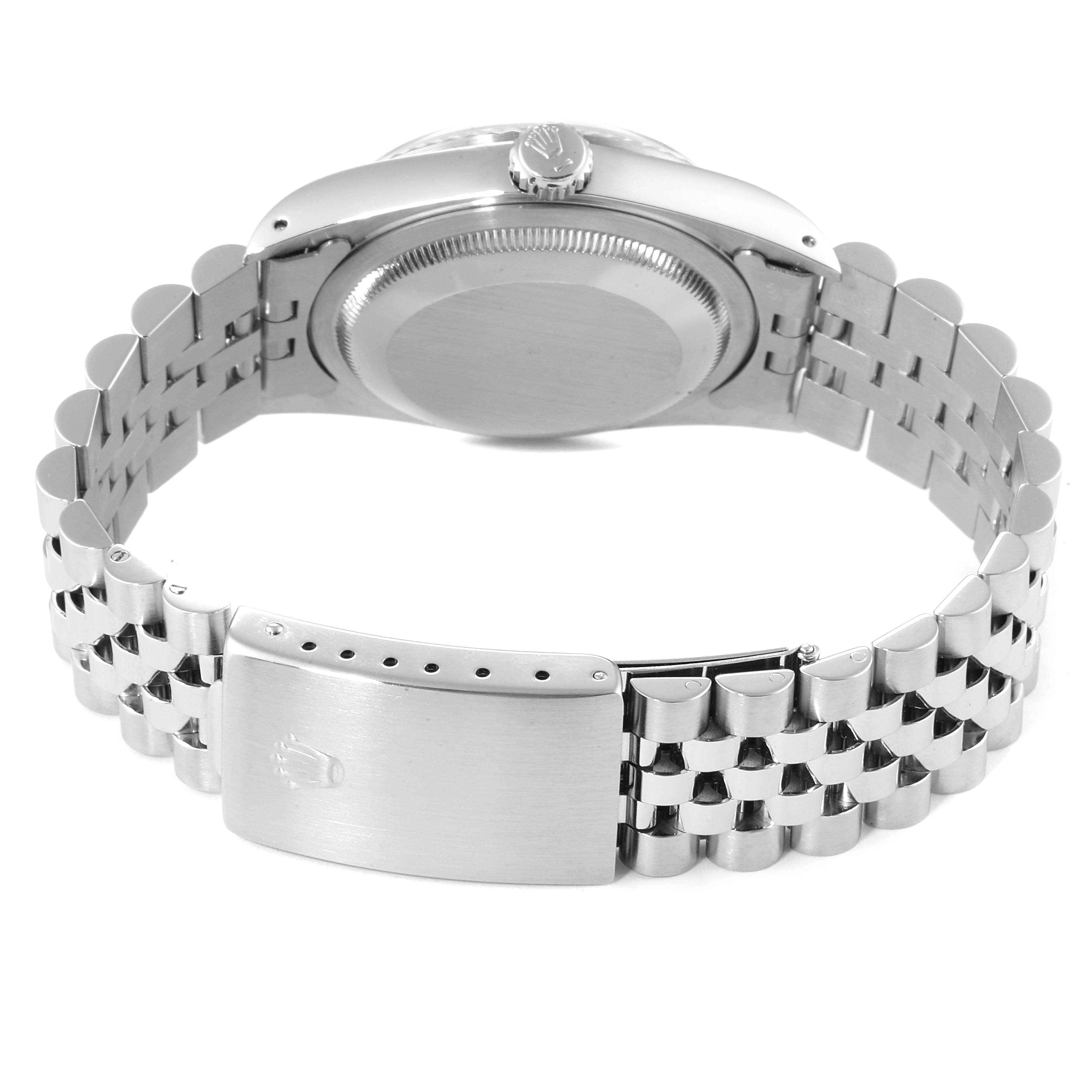 This Rolex Datejust 16234 Men's Stainless Steel Silver Dial 16234 Men's Stainless Steel Silver Dial watch is shown from the back, highlighting the case, bracelet, and clasp.