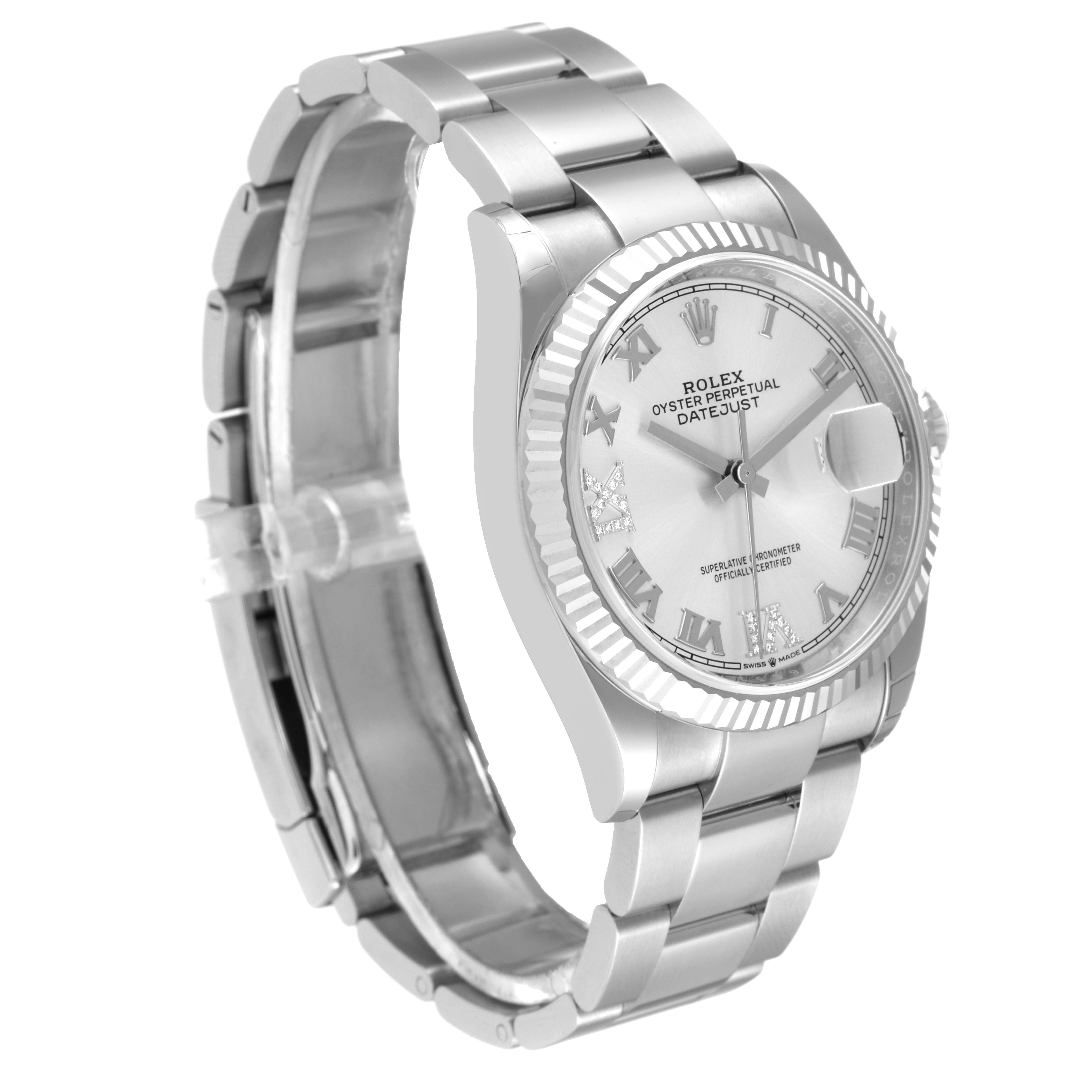The image shows a Rolex Datejust 126234 Men's Stainless Steel Silver Dial 126234 Men's Stainless Steel Silver Dial watch angled to display the face, bezel, and part of the bracelet.