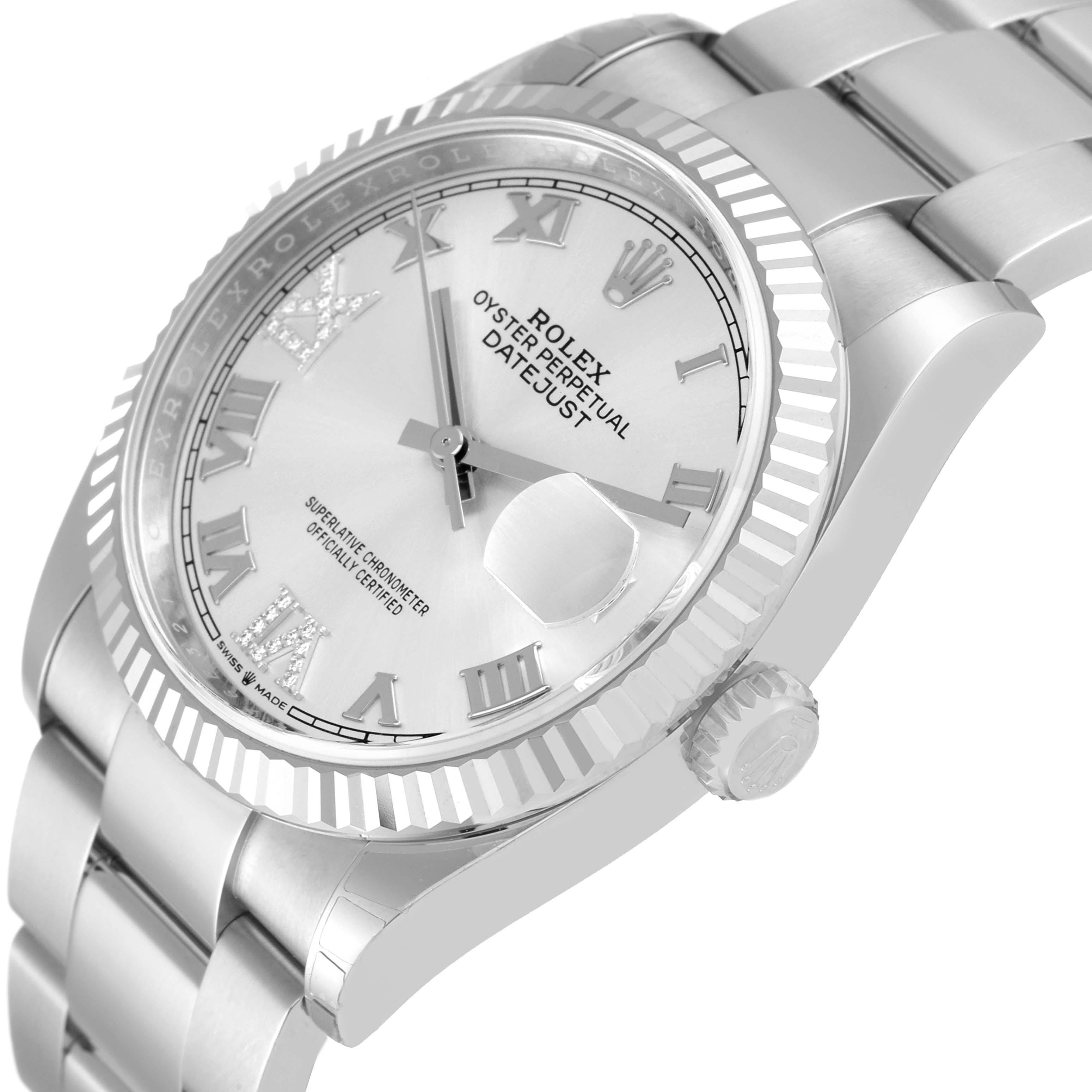 The image shows a Rolex Datejust 126234 Men's Stainless Steel Silver Dial 126234 Men's Stainless Steel Silver Dial watch from an angled side view, highlighting the face, bezel, and part of the bracelet.