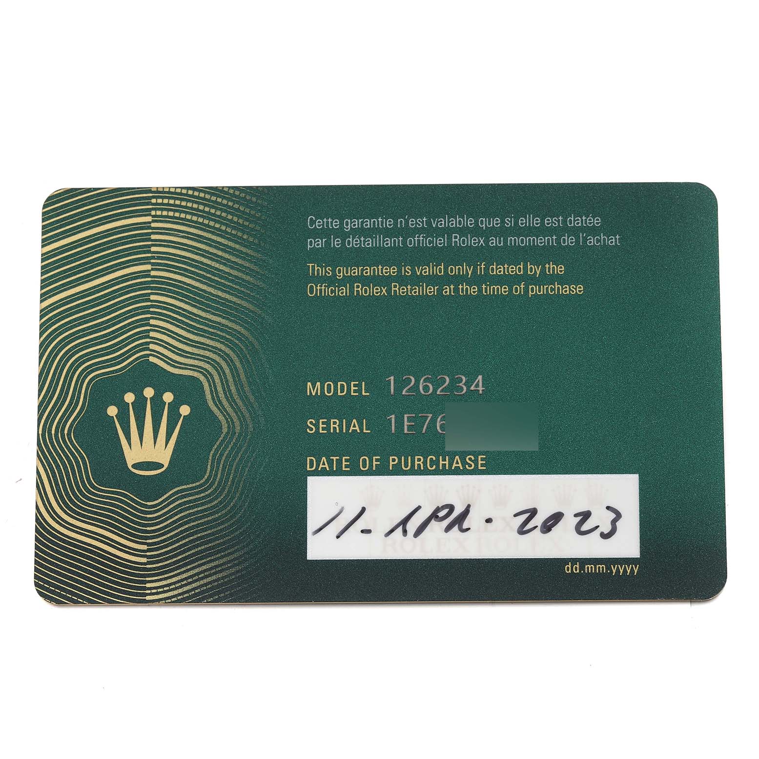 The image shows a guarantee card for the Rolex Datejust 126234 Men's Stainless Steel Silver Dial 126234 Men's Stainless Steel Silver Dial model 126234.