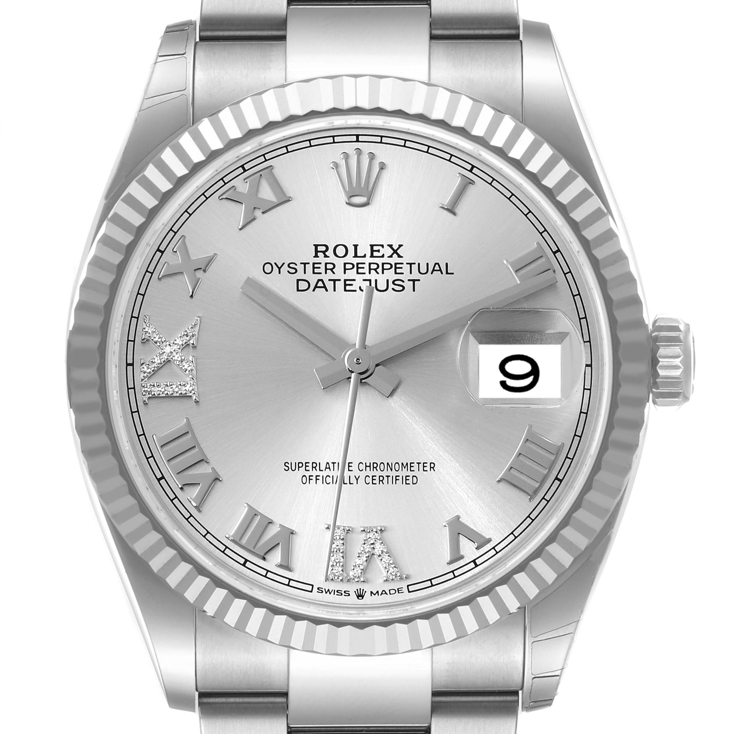 The image shows a frontal view of the Rolex Datejust 126234 Men's Stainless Steel Silver Dial 126234 Men's Stainless Steel Silver Dial watch featuring a silver dial, Roman numeral markers, and date display.