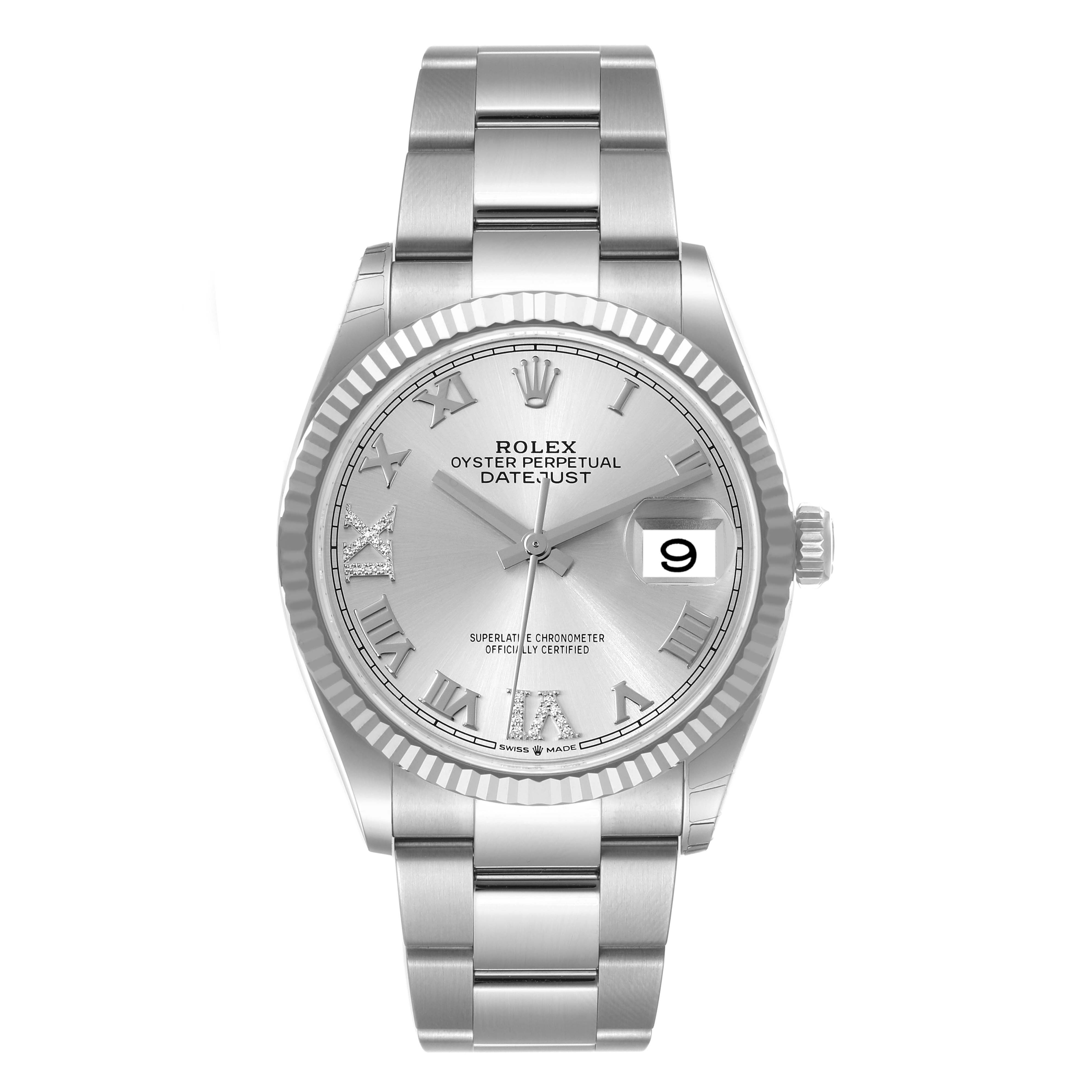 The image shows a front view of a Rolex Datejust 126234 Men's Stainless Steel Silver Dial 126234 Men's Stainless Steel Silver Dial watch, displaying its dial, bracelet, and date window.