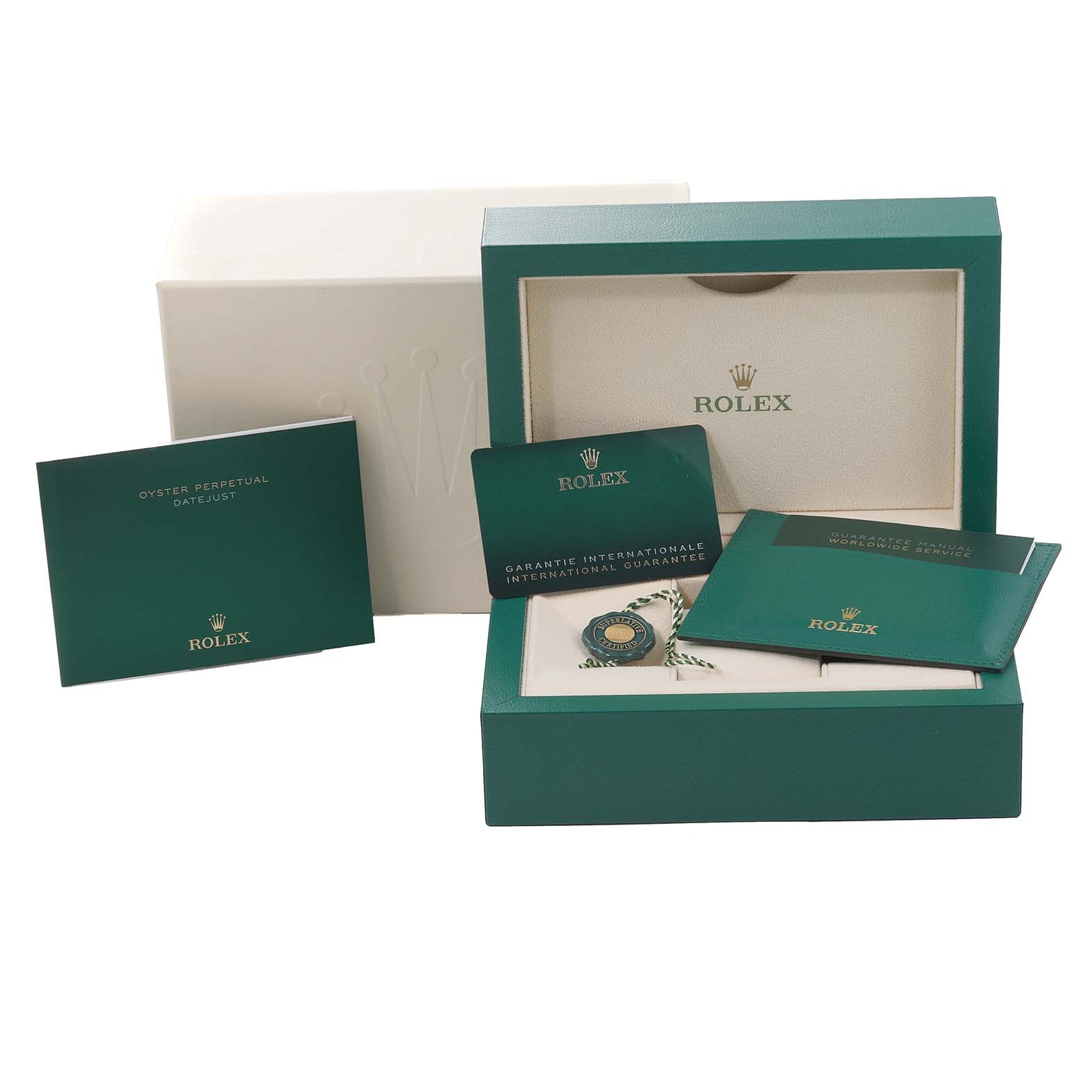 The image shows the packaging box, warranty card, manual, and tags for a Rolex Datejust 126234 Men's Stainless Steel Silver Dial 126234 Men's Stainless Steel Silver Dial watch.