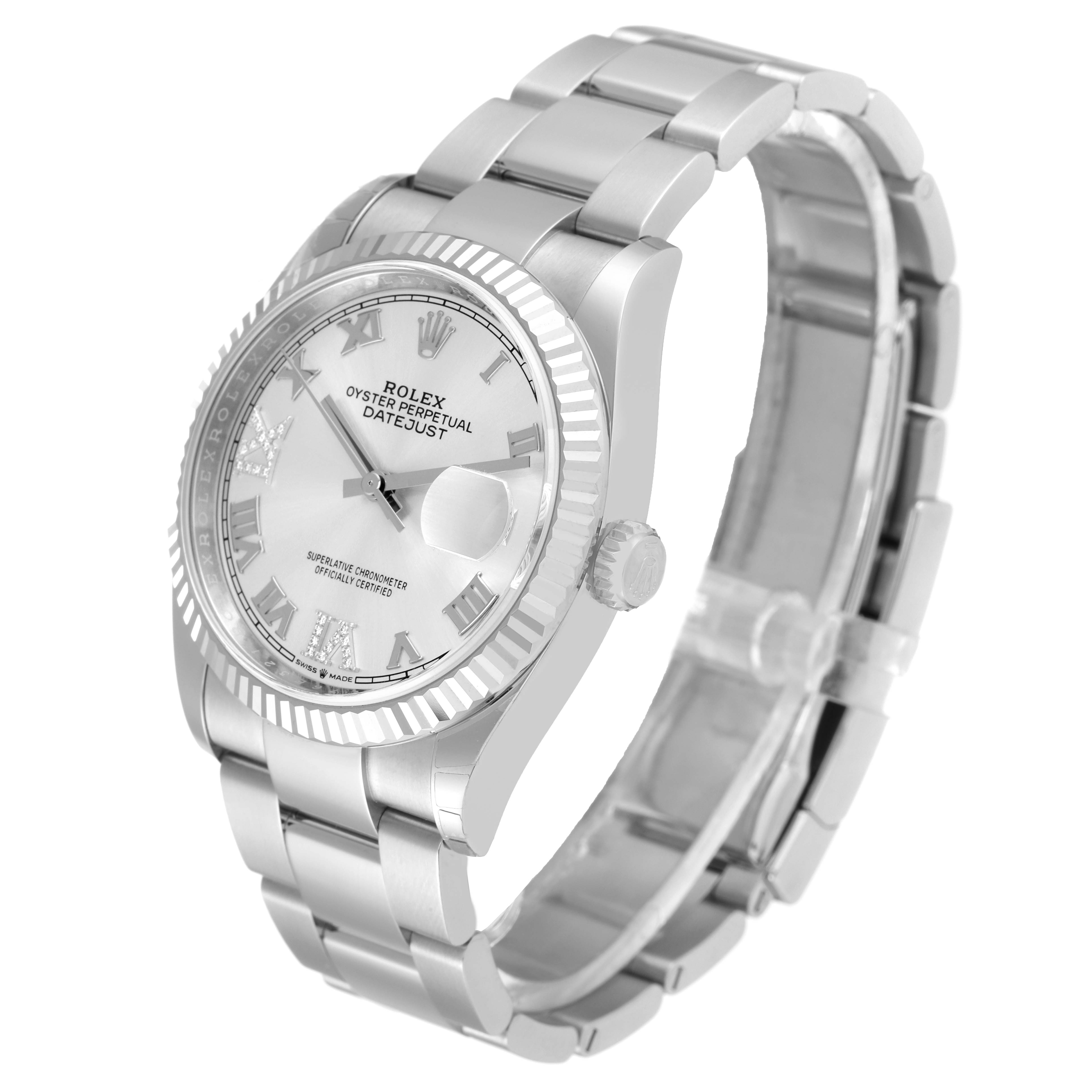 The image shows a Rolex Datejust 126234 Men's Stainless Steel Silver Dial 126234 Men's Stainless Steel Silver Dial watch from a side angle, highlighting its face, crown, and bracelet.