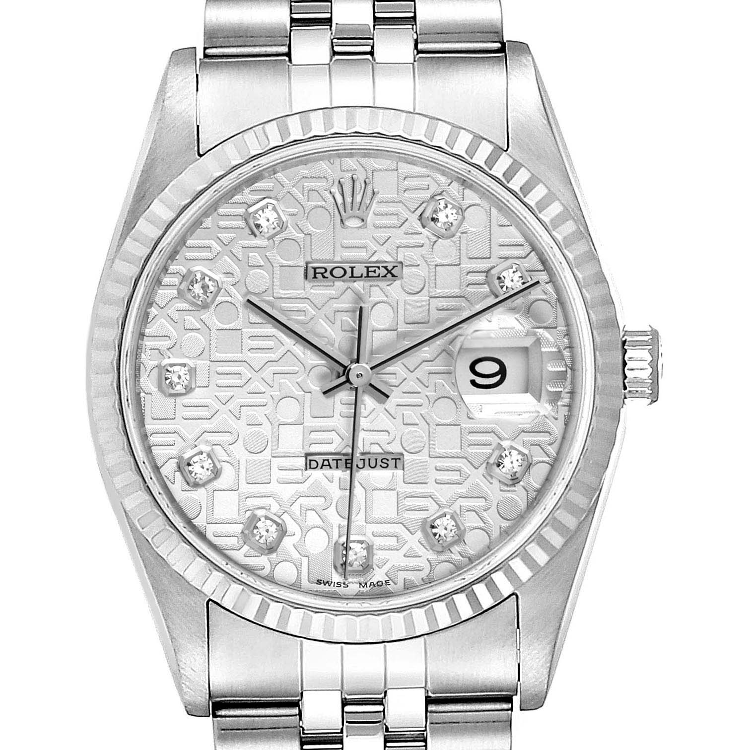 This is a front view of a Rolex Datejust 16234 Men's Stainless Steel Silver Dial 16234 Men's Stainless Steel Silver Dial watch showcasing its dial, hands, date window, and part of the bracelet.