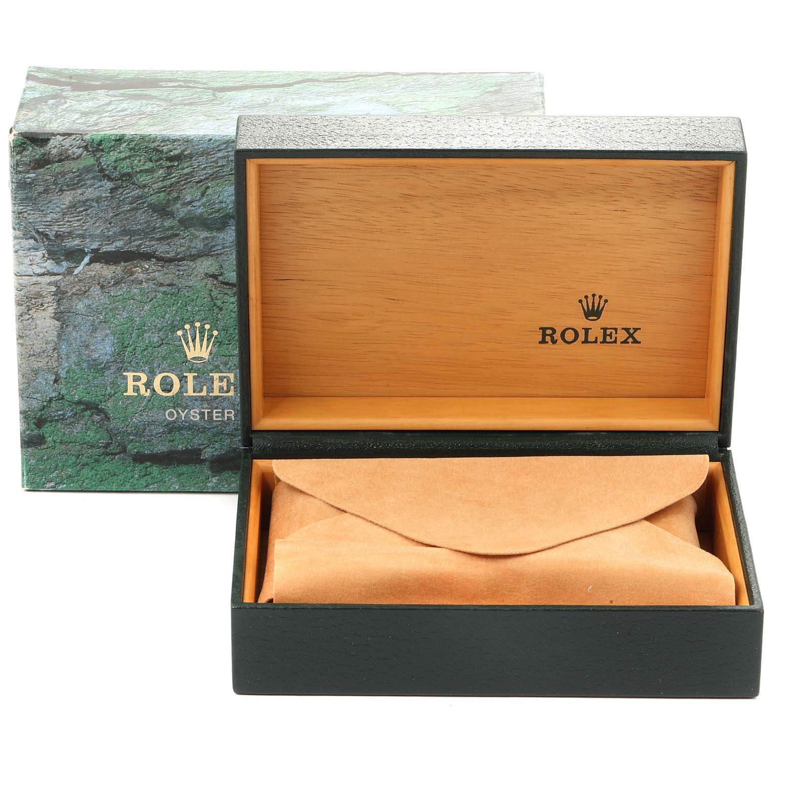 This image shows an open Rolex Datejust 16234 Men's Stainless Steel Silver Dial 16234 Men's Stainless Steel Silver Dial watch box, displaying its interior and outer packaging.