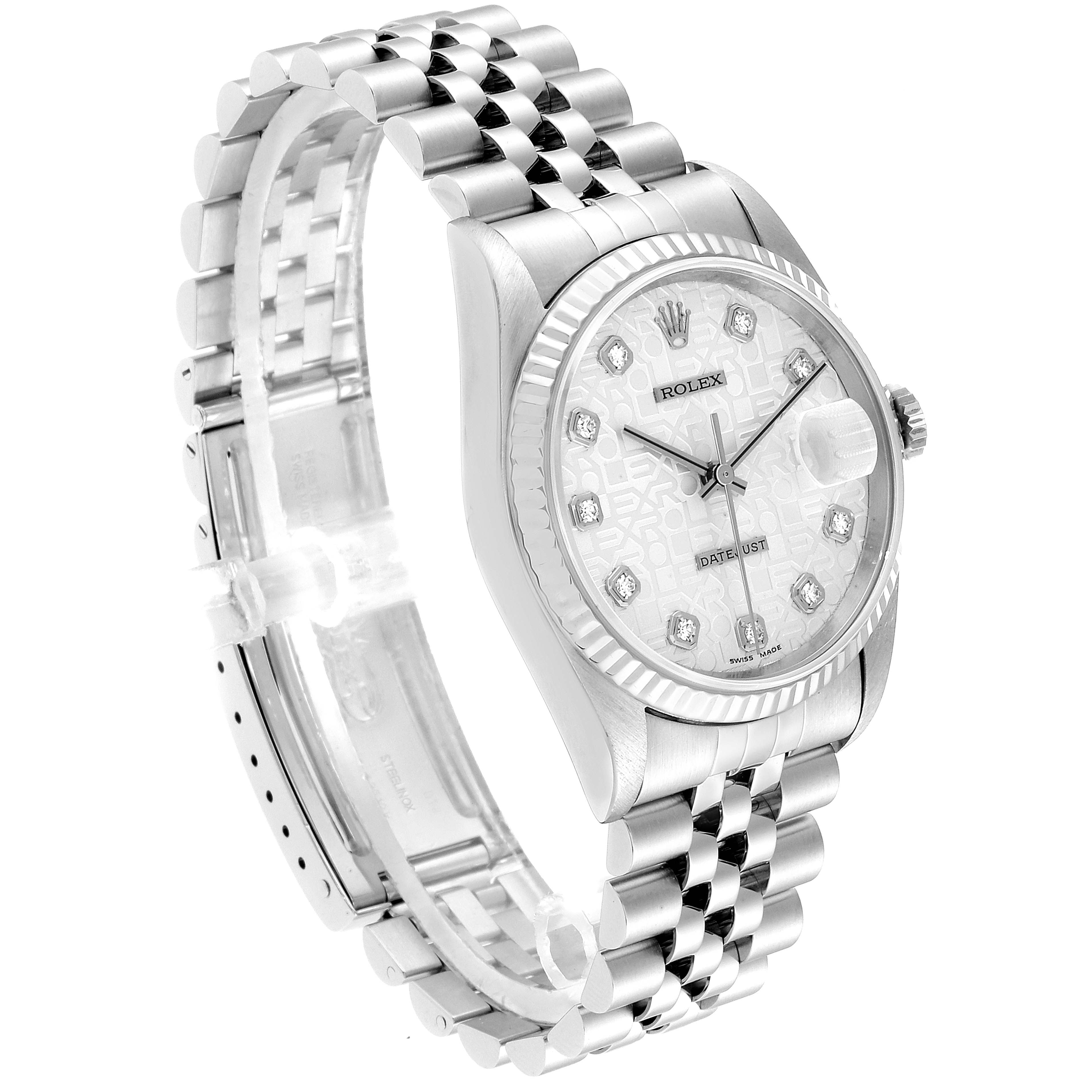 This image shows a front and side view of a Rolex Datejust 16234 Men's Stainless Steel Silver Dial 16234 Men's Stainless Steel Silver Dial watch, highlighting the dial, bezel, and bracelet.